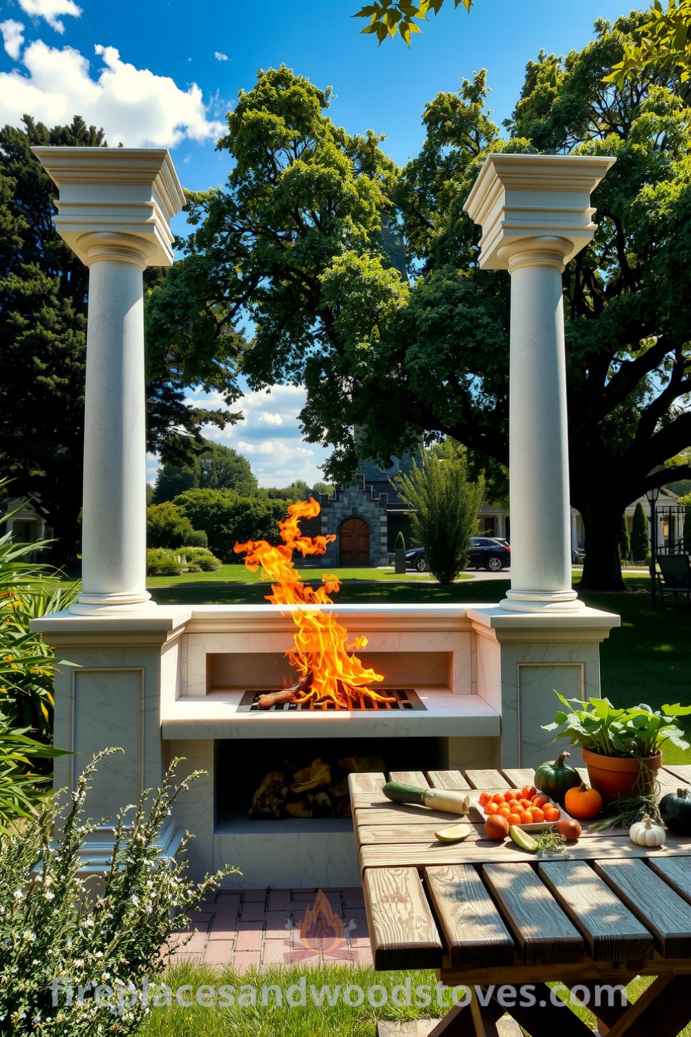 Neoclassical outdoor barbecue in a sun-drenched garden featuring grand columns, marble surfaces, a crackling fire with skewers of vegetables and meats, surrounded by fragrant herbs and a rustic wooden table, ideal for cozy gatherings, offering unique ideas for your home. Visit fireplacesandwoodstoves.com.
