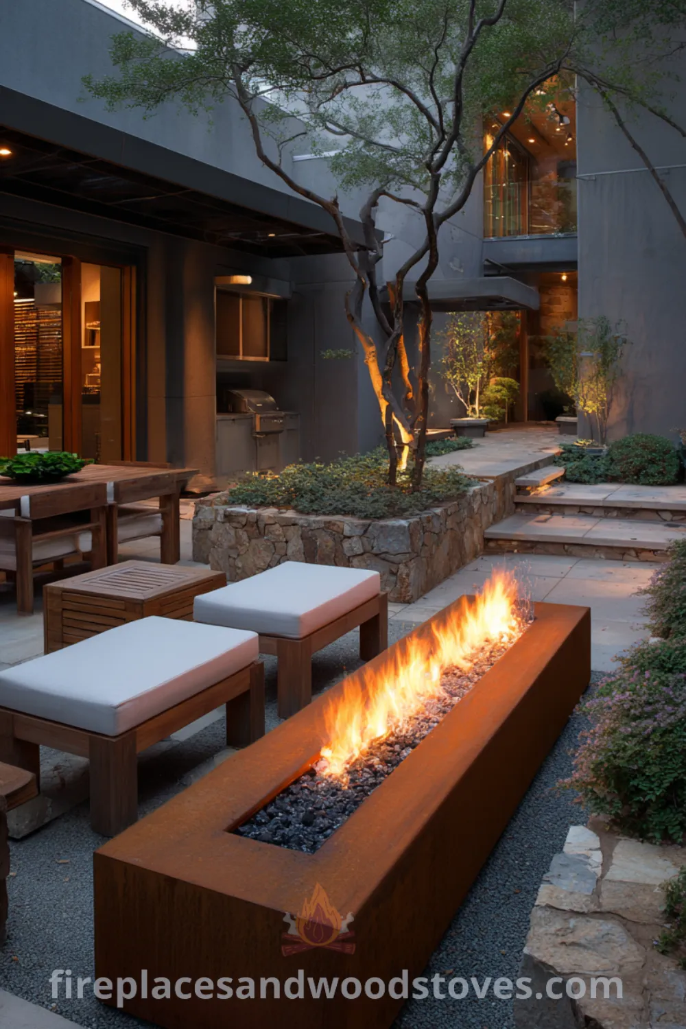 Modern outdoor space with a corten steel fire pit, minimalist garden design, low-profile outdoor furniture, and serene fire pit area.