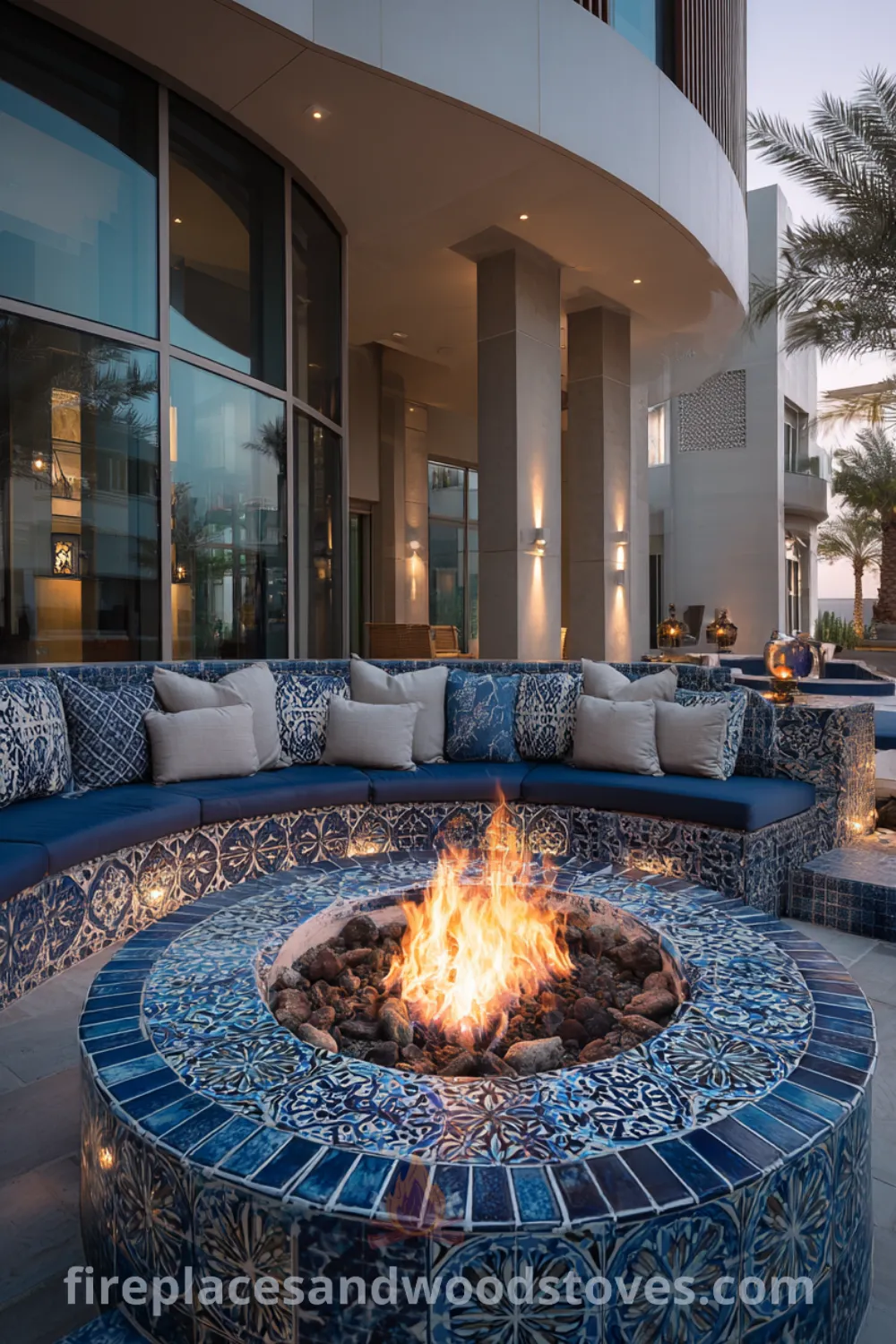 Inviting circular seating area with an opulent outdoor fire feature, featuring modern luxury fire pit, plush outdoor cushions, and sophisticated fire pit area.