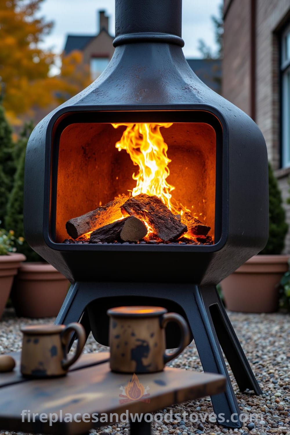 Industrial outdoor fireplace with warm flames on a gravel patio, surrounded by rustic wooden benches and a weathered table with mismatched mugs, creating a cozy atmosphere ideal for gatherings and relaxation at fireplacesandwoodstoves.com.
