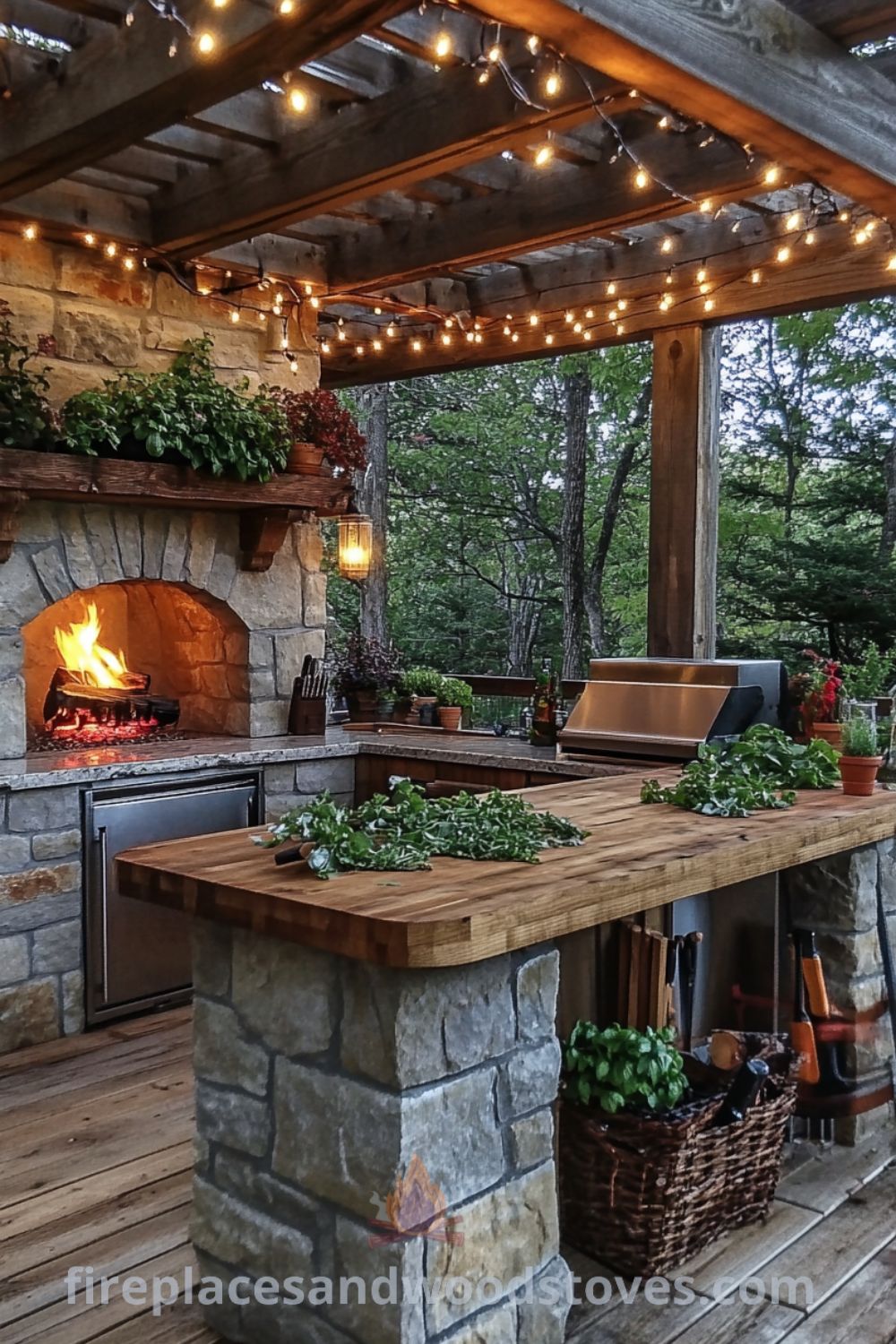 Charming outdoor kitchen with rustic stone countertops, a wooden prep area, and a cozy wood-burning fireplace, beautifully illuminated by string lights, creating an inviting atmosphere for gatherings; perfect cozy decor ideas for your home at wellnesswink.com.