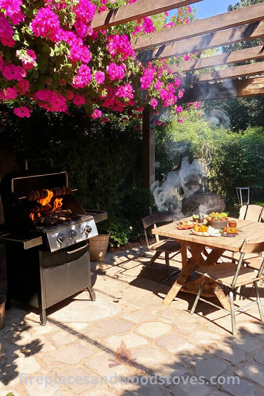 Sturdy barbecue with a rotisserie on a shaded patio beneath a flowering pergola, surrounded by a wooden table with grilled vegetables, creating a cozy and inviting outdoor space for gatherings. Visit patioandhomefurniture.com for incredible ideas that will wow your guests.