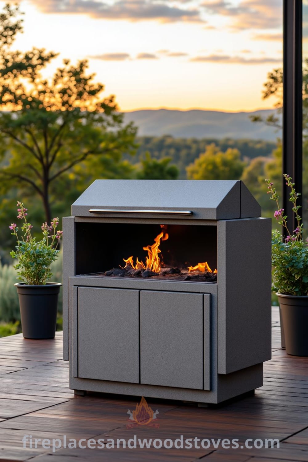 Modern concrete outdoor barbecue on a wooden deck, blending industrial design with nature, featuring adjustable vents, glowing embers, and potted herbs, creating a cozy gathering space with inviting warm light for friends and family, found at fireplacesandwoodstoves.com.