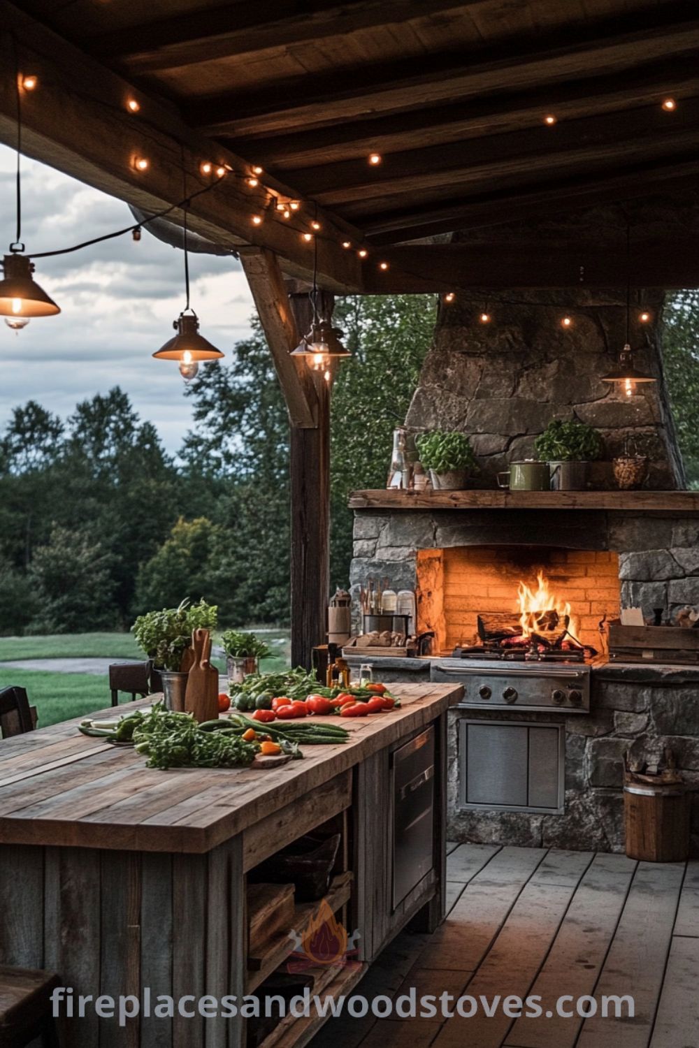 Cozy outdoor kitchen with a rustic wood-burning fireplace and wooden countertop, adorned with fresh vegetables and twinkling string lights, creating a charming and inviting ambiance for communal meals and gatherings, perfect for cozy home inspirations, as showcased at wellnesswink.com.