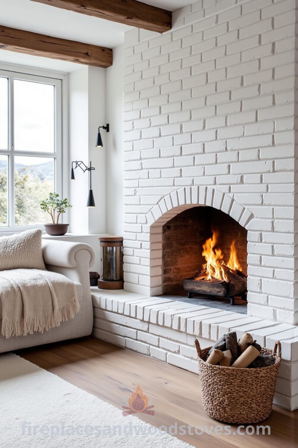 Scandinavian whitewashed fireplace in a softly lit living room, featuring cozy textiles on a plush couch, wooden beams, and a warm open hearth, surrounded by decor ideas and inspirations for a cozy home, website fireplacesandwoodstoves.com.