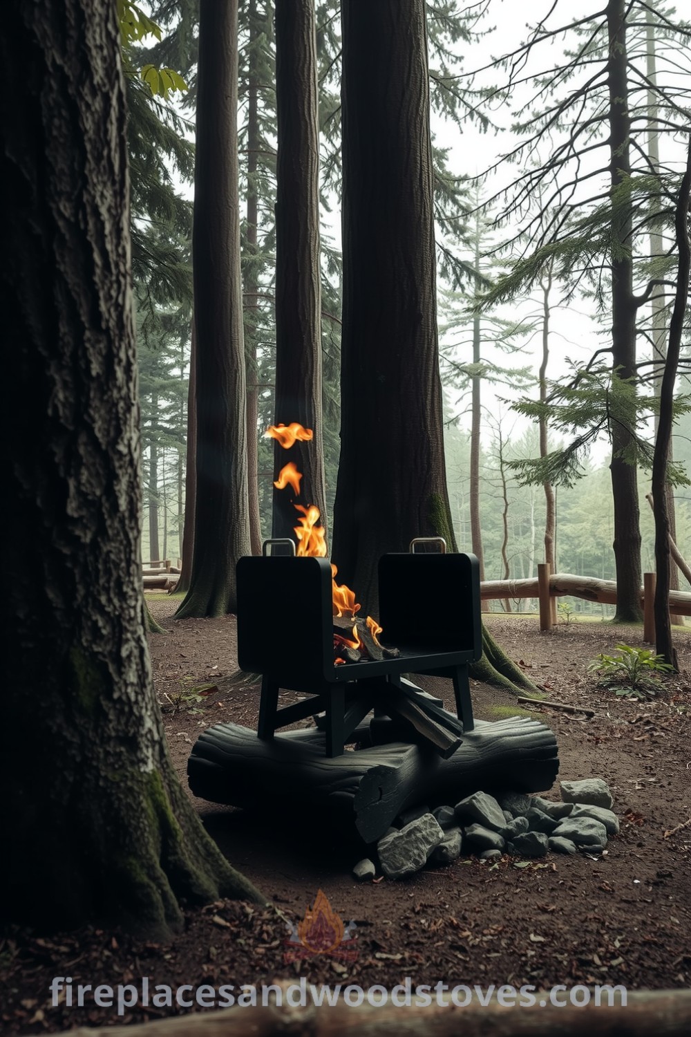 Log-built barbecue in a secluded forest clearing surrounded by towering trees, featuring crackling flames, scattered stones, and traces of ash on nearby bark, showcasing unique ideas for outdoor decor and cozy home gatherings. Visit fireplacesandwoodstoves.com for more inspiring decor ideas.