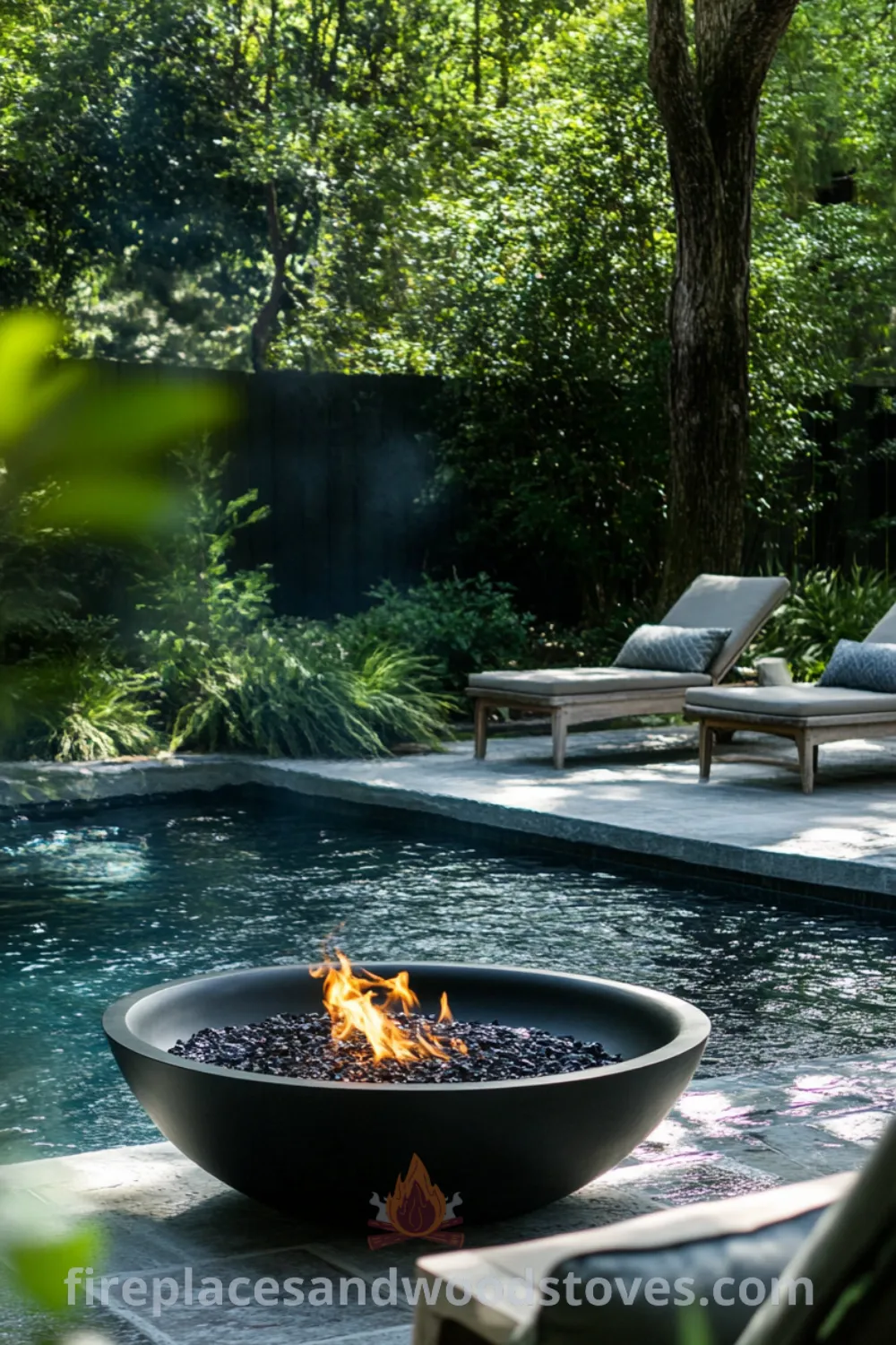 Backyard oasis with inground pool and fire pit area on fireplacesandwoodstoves.com, showcasing cozy ideas, pool landscaping, and inspiring outdoor pool area designs for relaxation.