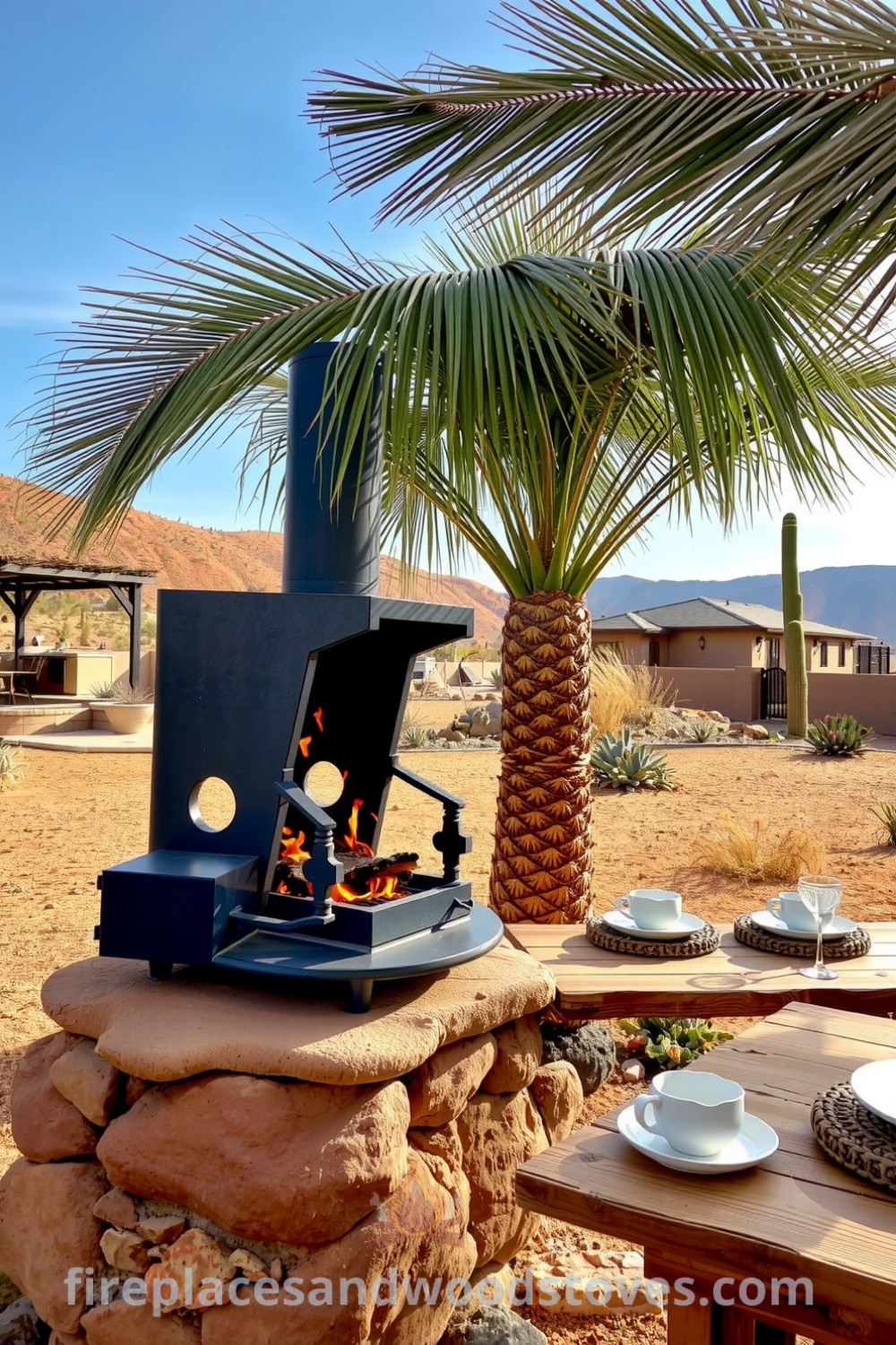 Desert oasis outdoor barbecue set on a sandstone base with warm tones, flickering flames from a wood-burning grill, low-hanging palm fronds, and a rustic wooden table ready for grilled delicacies, providing inspiring ideas for outdoor decor at fireplacesandwoodstoves.com.