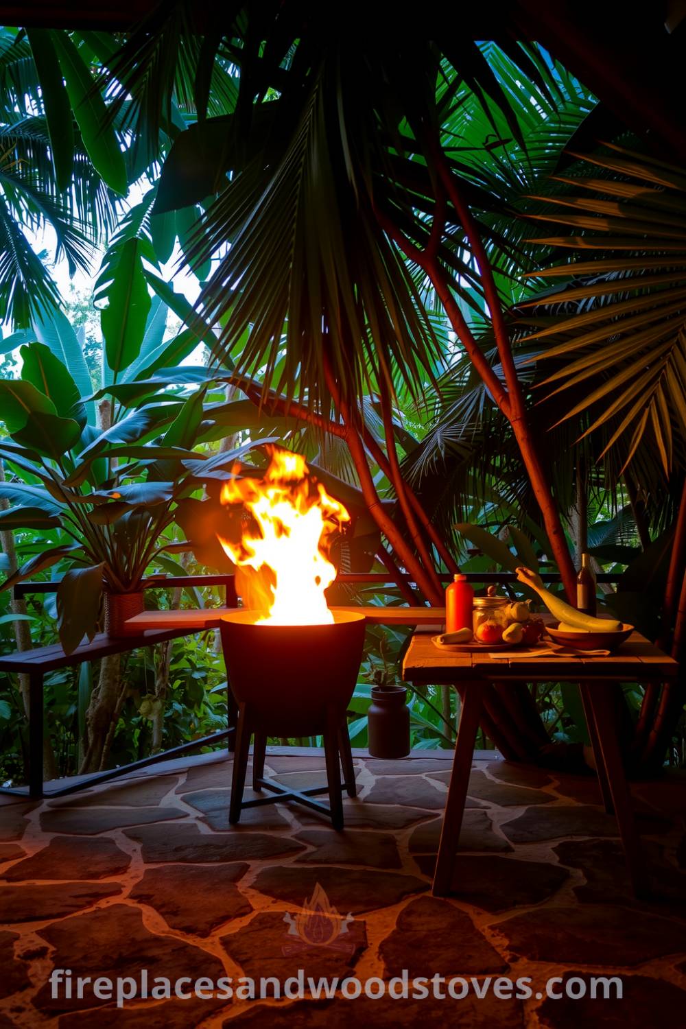 Cozy jungle barbecue scene featuring a natural wood grill, vibrant fresh ingredients on a wooden table, and lush tropical foliage, creating an inspiring atmosphere for outdoor cooking and relaxation at fireplacesandwoodstoves.com.