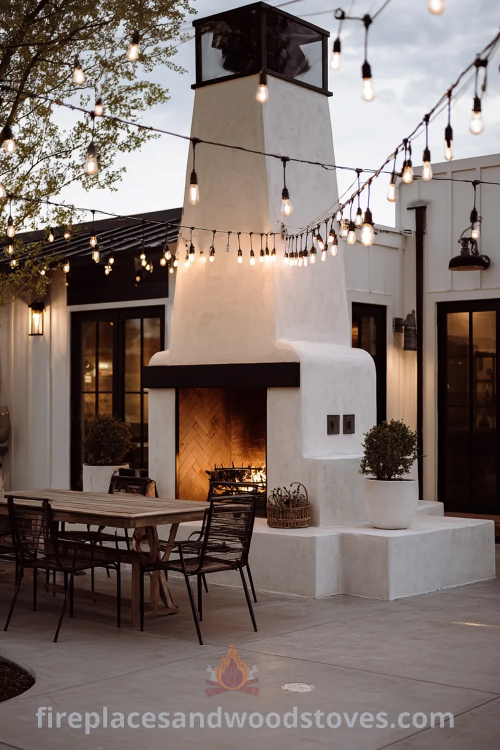 Outdoor fireplace with white stucco structure, dark metal accents, reclaimed wood accents, and cozy farmhouse outdoor fireplace atmosphere.