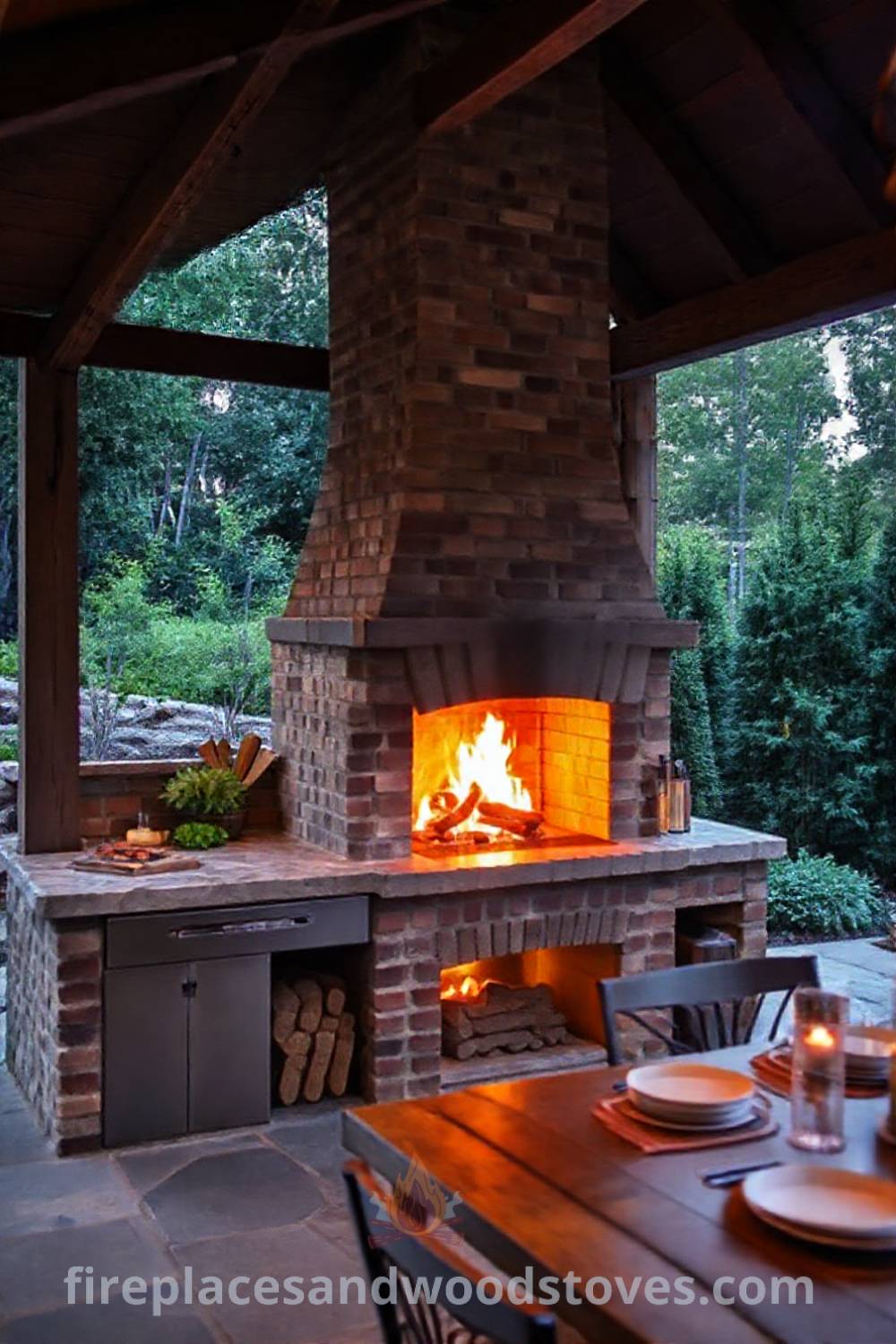 Charming outdoor kitchen with a rustic wood-burning fireplace on a stone patio, surrounded by lush greenery, creating a cozy and inviting atmosphere for gatherings. Visit patioandhomefurniture.com for stylish designs transforming your backyard into a dream space.