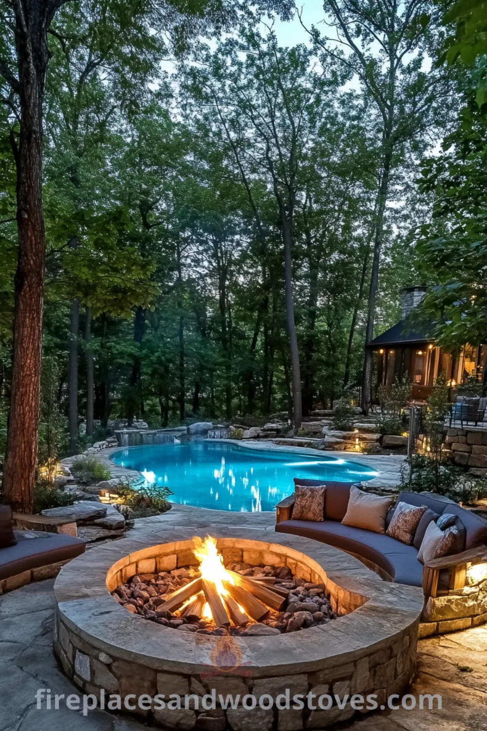Backyard pool ideas featuring an inground pool, sunken fire pit, cozy backyard decor, and unique pool landscaping designs on fireplacesandwoodstoves.com.
