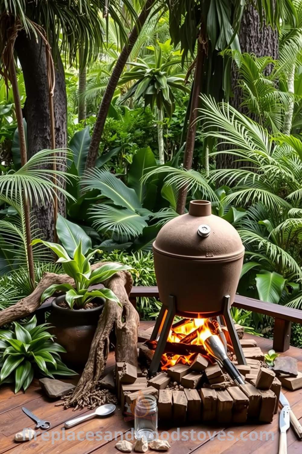 Wood barbecue in a vibrant jungle setting with lush greenery, creating a cozy outdoor retreat perfect for gatherings, featuring flames illuminating the rustic wood surfaces, scattered stones, and uneven bricks for an inviting atmosphere, ideal for inspiring backyard decor ideas at fireplacesandwoodstoves.com.