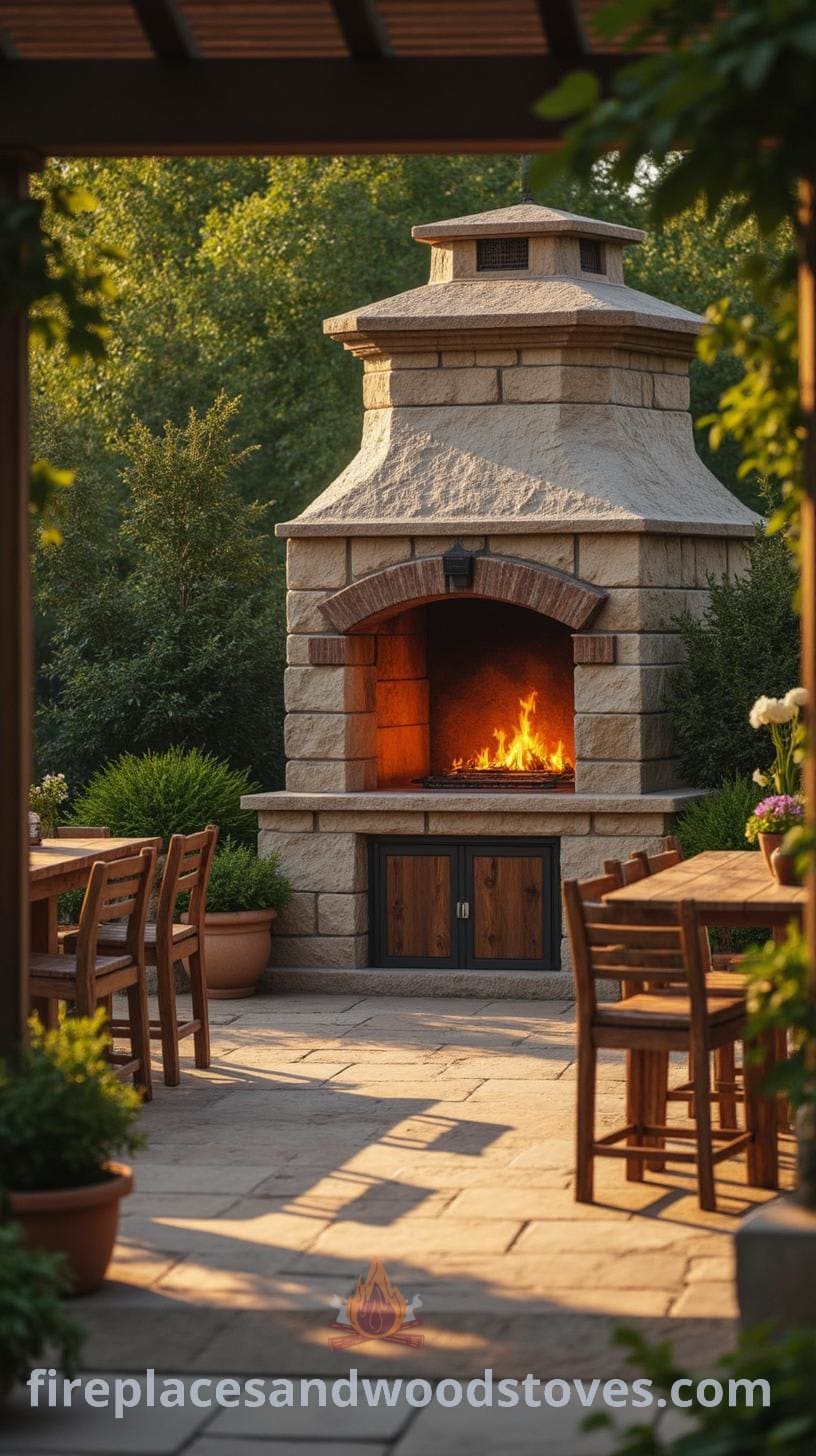 An outdoor kitchen setup featuring a large grill and stone oven, surrounded by comfortable seating, ideal for cooking and entertaining.