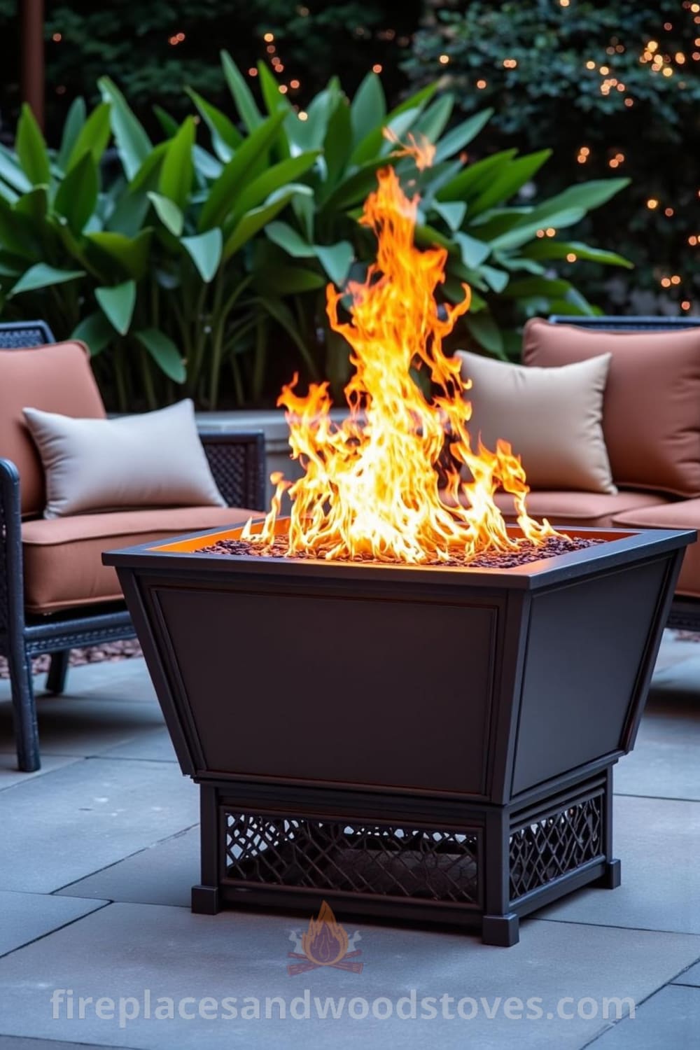 Art Deco fire pit in an elegant outdoor lounge area featuring a geometric design set against a natural stone patio, surrounded by plush cushions and lush plants, creating cozy ideas for your home, inspiring decor designs, and unique inspirations for outdoor spaces at fireplacesandwoodstoves.com.