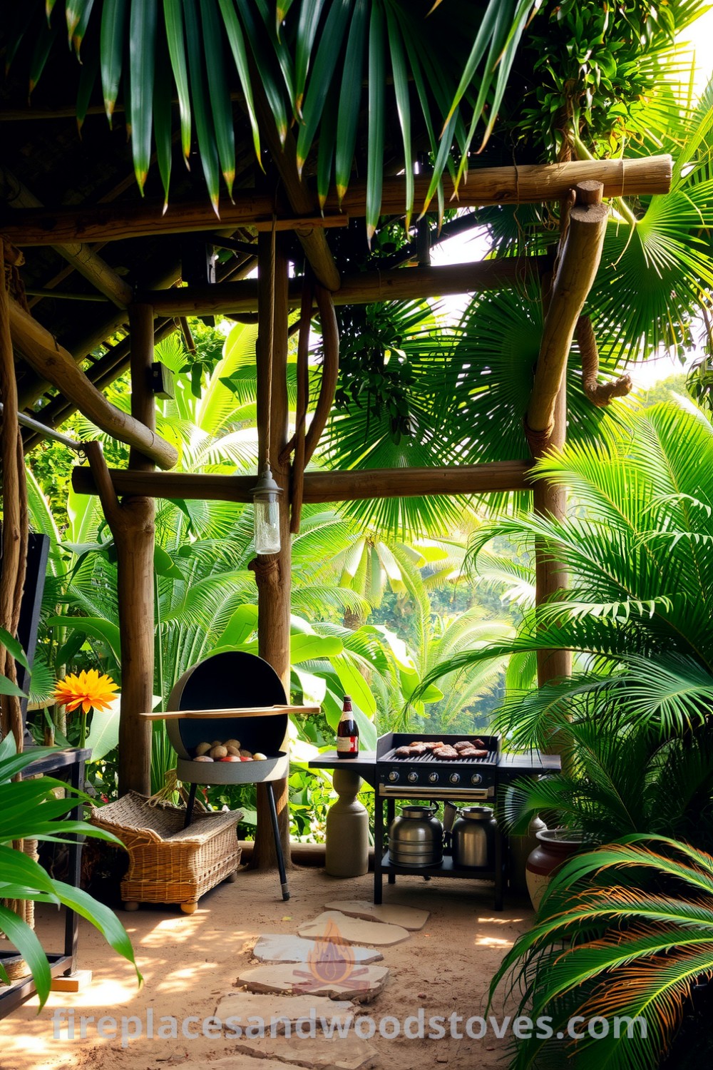 Cozy barbecue setup nestled in a vibrant jungle, featuring natural wood beams, sizzling meats over flames, and a path of uneven stones leading to the grill, perfect for outdoor gatherings; find ideas for your home at fireplacesandwoodstoves.com.