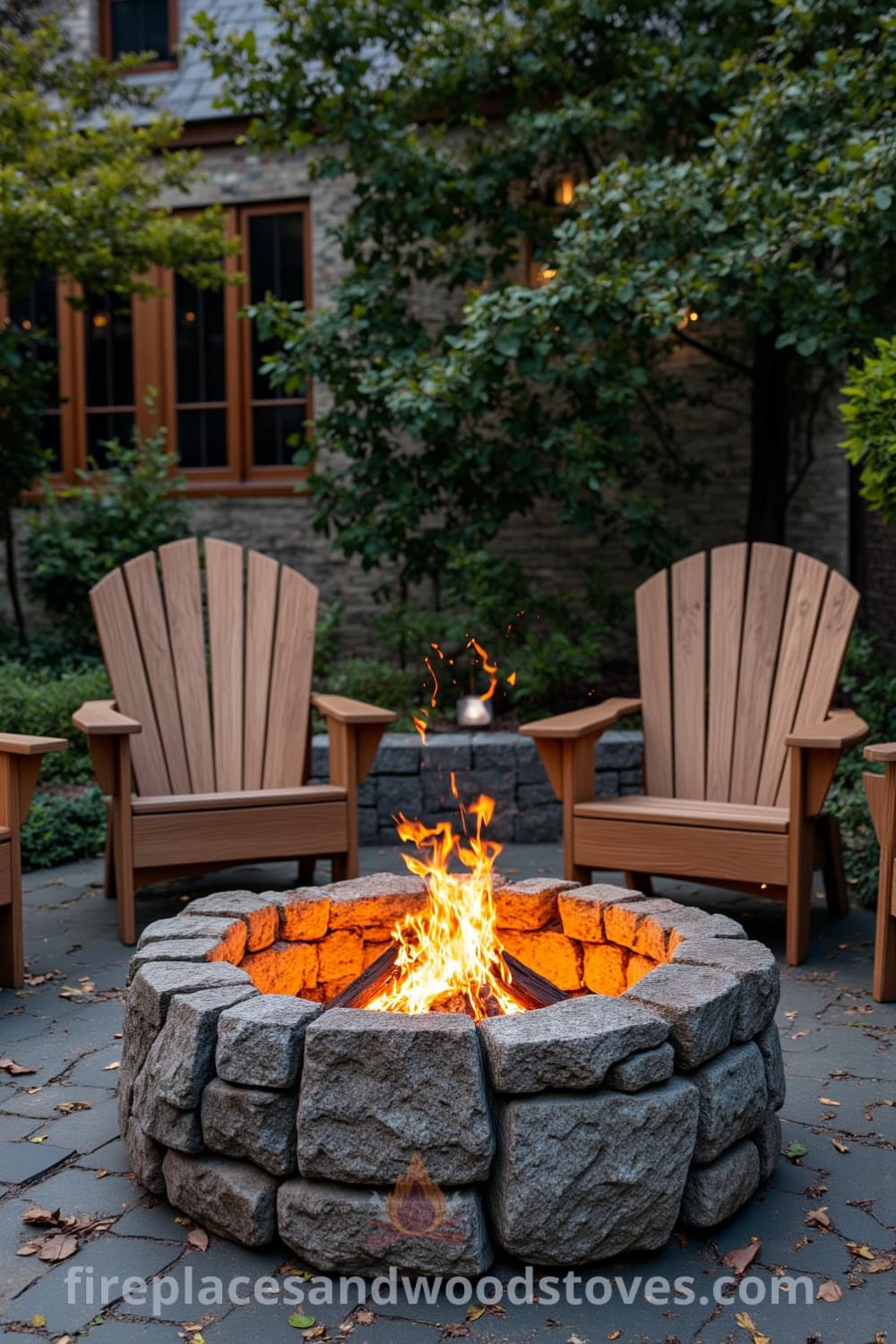 Stone fire pit at the center of a cozy backyard retreat, surrounded by mismatched wooden chairs, with flickering flames illuminating the rugged garden textures, providing inspiring cozy ideas for outdoor decor, showcasing unique ideas for your home, as seen on fireplacesandwoodstoves.com.