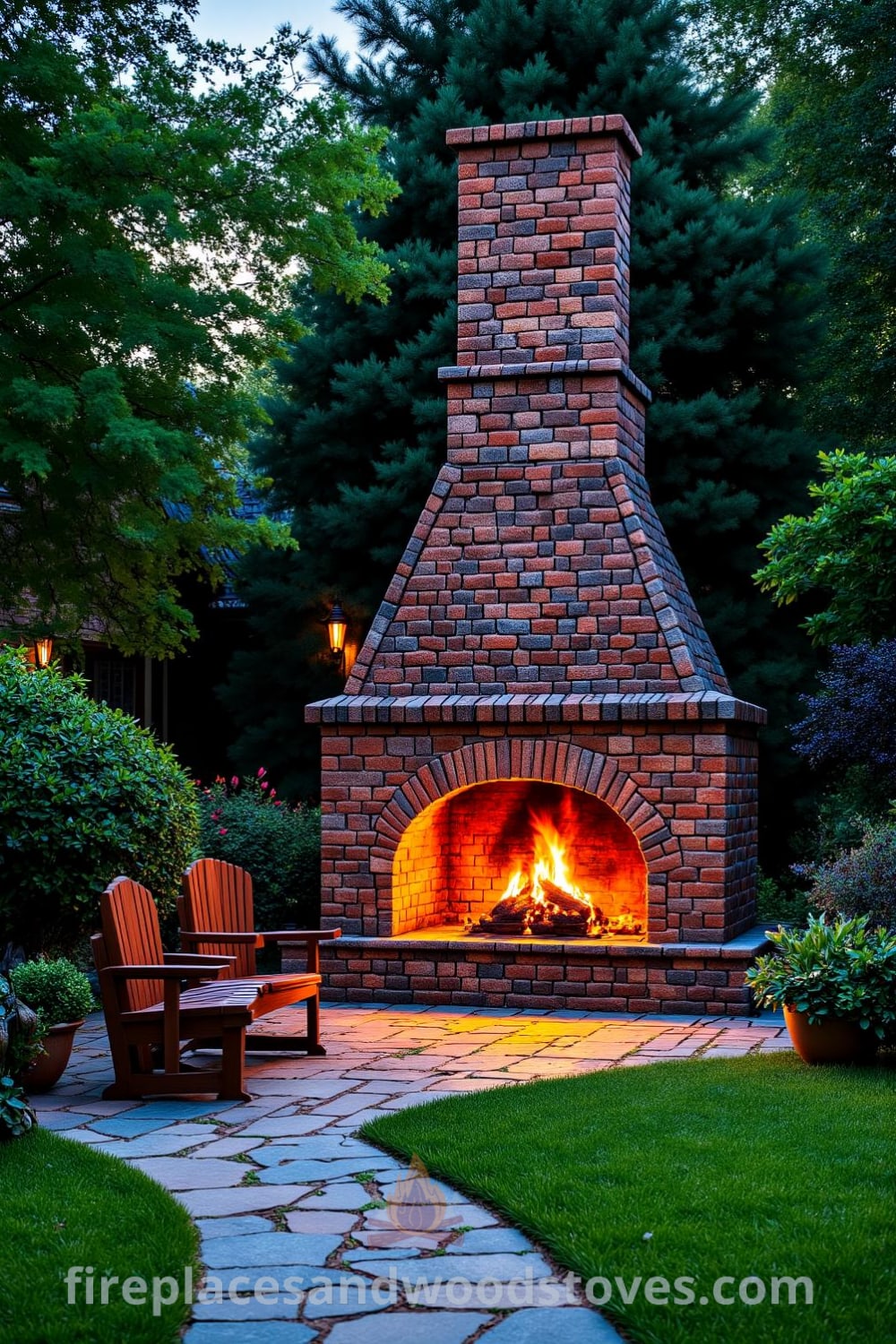 Tudor brick outdoor fireplace in a verdant garden, featuring warm flames, aged bricks blending rich reds and browns, illuminated rustic wooden furniture, and a charming stone path, creating a cozy, inviting atmosphere for gatherings, inspiring unique ideas for your home at fireplacesandwoodstoves.com.