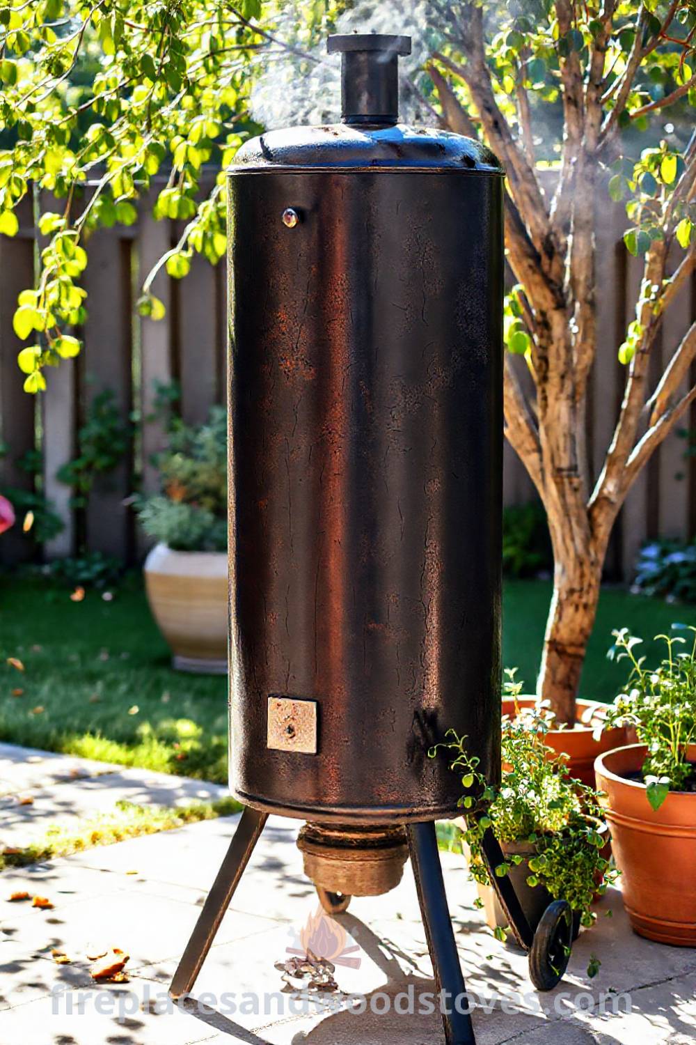 Vertical smoker barbecue on a sun-drenched patio with potted herbs, firelight creating a warm ambiance, perfect for outdoor gatherings and meals. Visit patioandhomefurniture.com for incredible ideas on transforming your backyard.