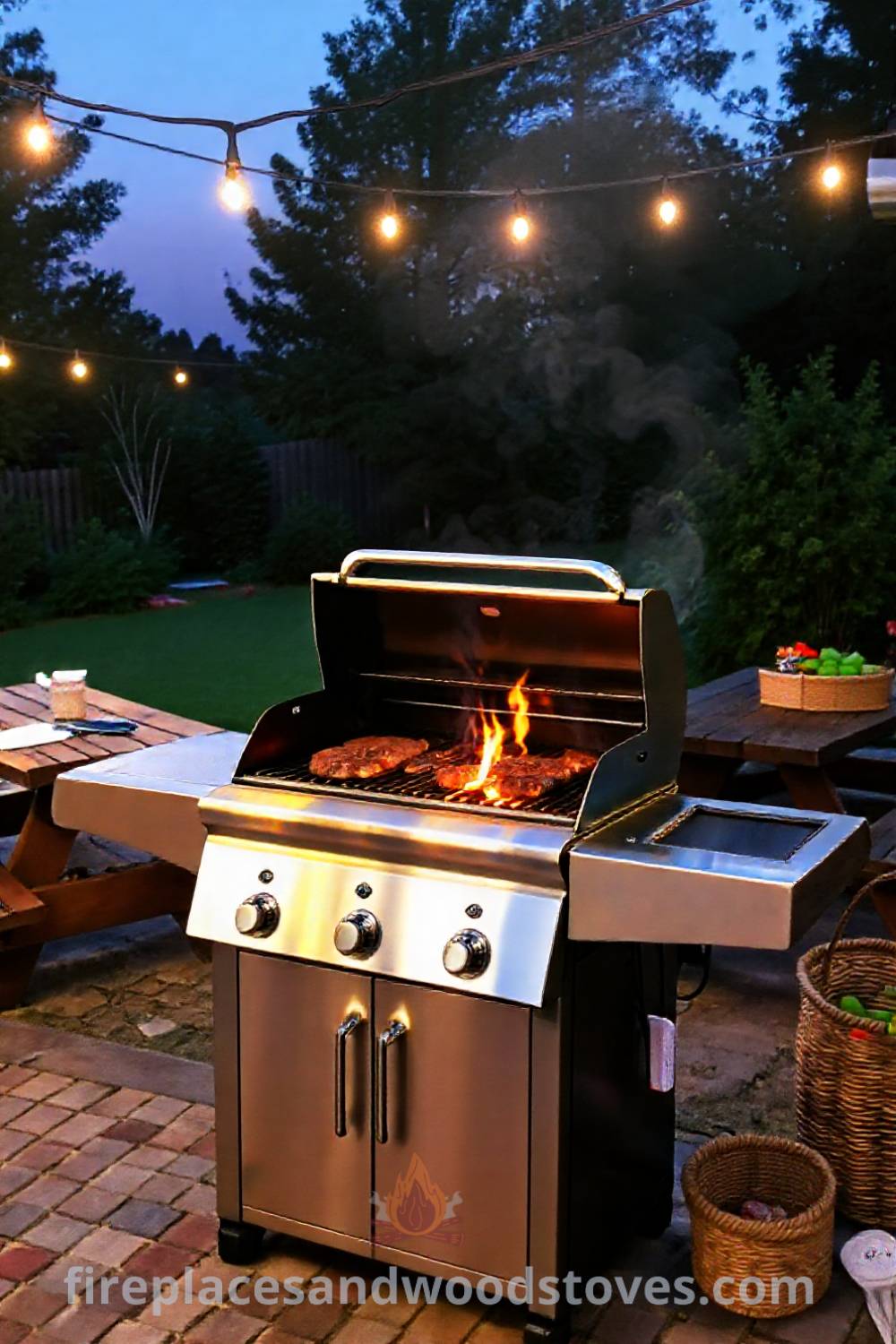 Outdoor backyard barbecue setup featuring a sleek grill on a stone patio with rustic aged bricks, wooden picnic tables, and string lights creating a cozy atmosphere for gatherings. Visit patioandhomefurniture.com for stylish designs transforming your backyard and incredible ideas that will wow your guests.