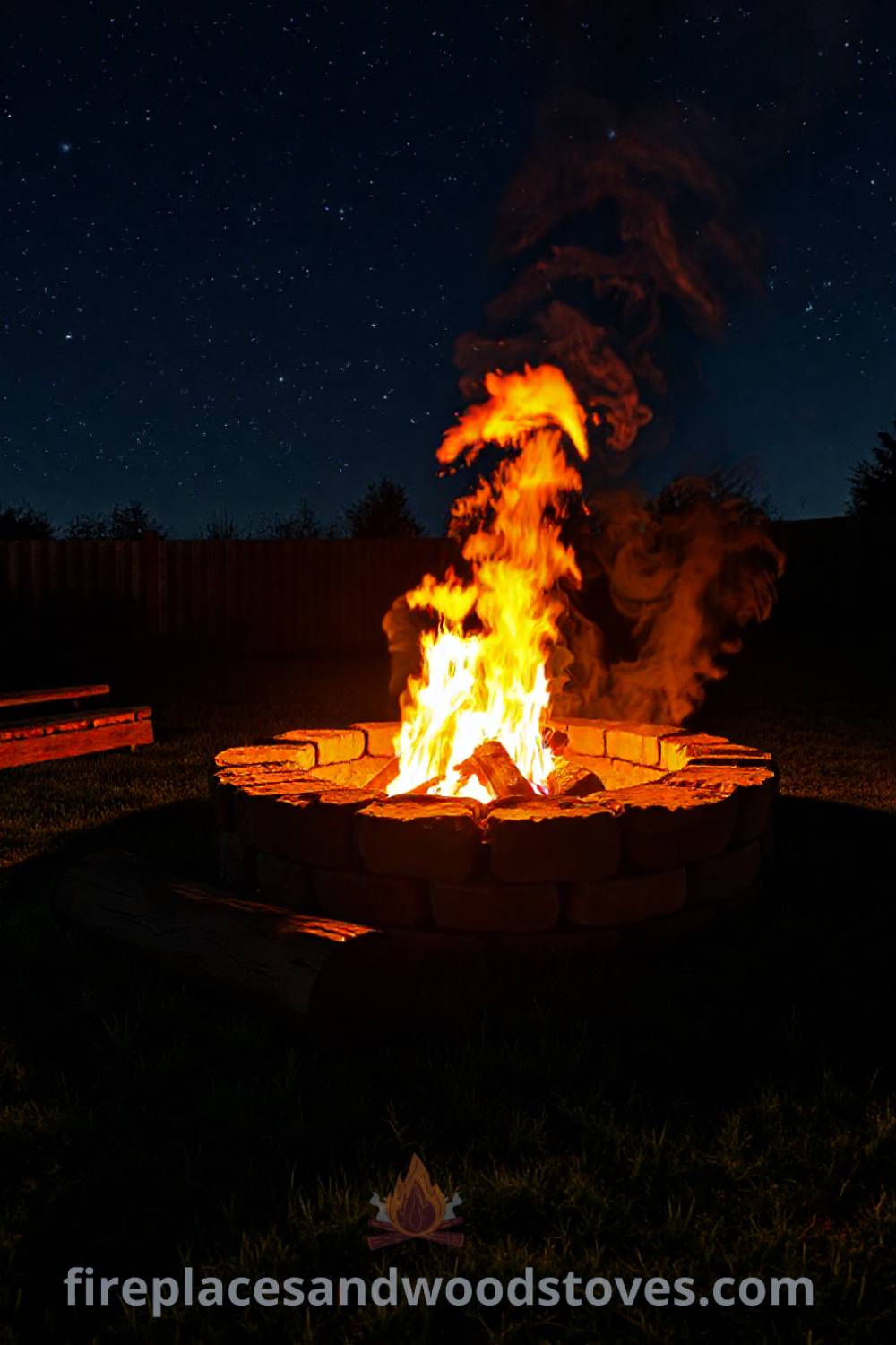 Stone fire pit glowing warmly in a grassy backyard beneath a starry sky, surrounded by wooden log seating, ideal for cozy outdoor gatherings. Visit patioandhomefurniture.com for stylish ideas that will wow your guests and transform your backyard.