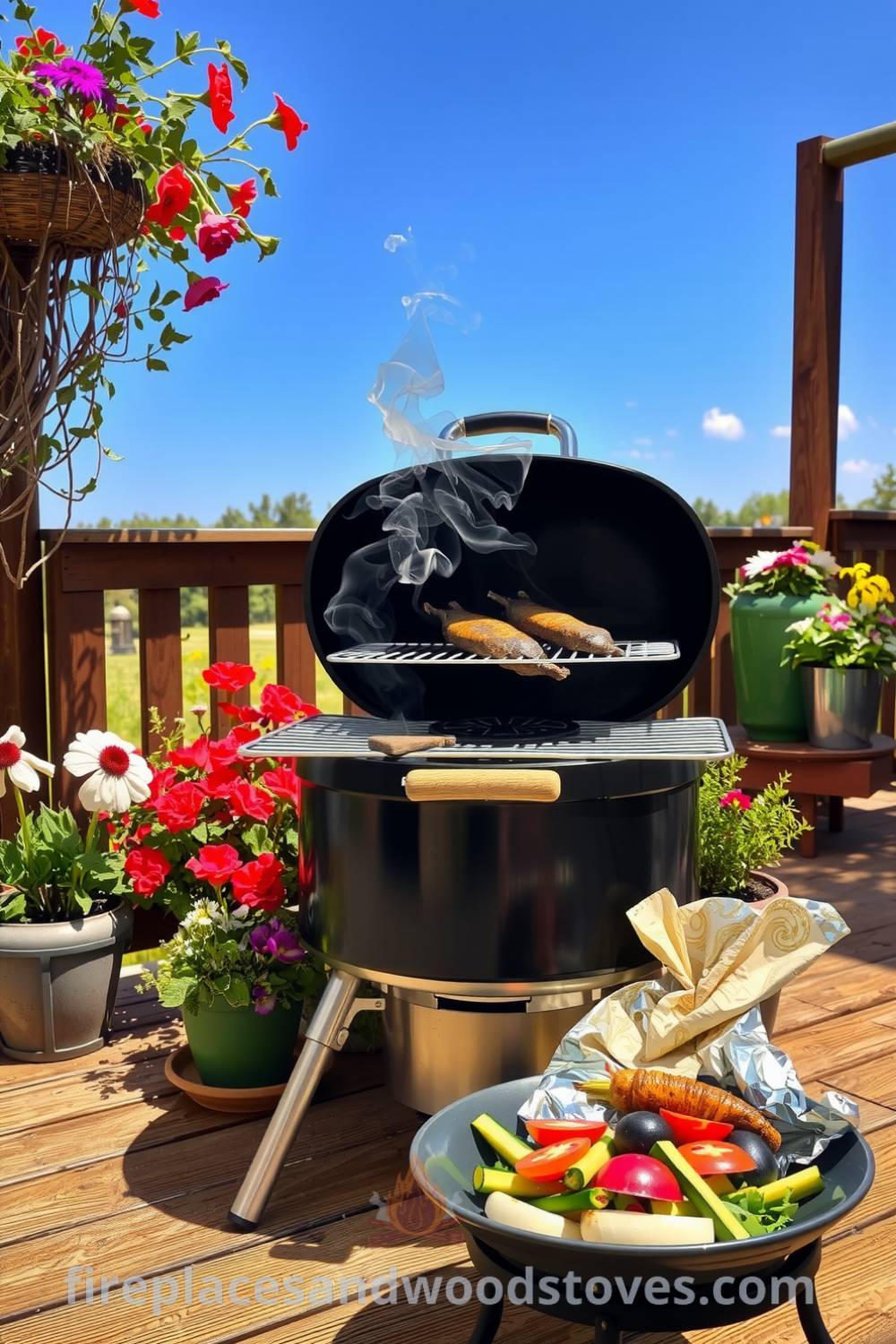 Sturdy barbecue on a wooden deck surrounded by vibrant potted herbs, colorful flowers swaying in the breeze, with metal grates glistening under the sun. A platter of marinated vegetables nearby creates a cozy, inviting atmosphere perfect for summer gatherings at fireplacesandwoodstoves.com.