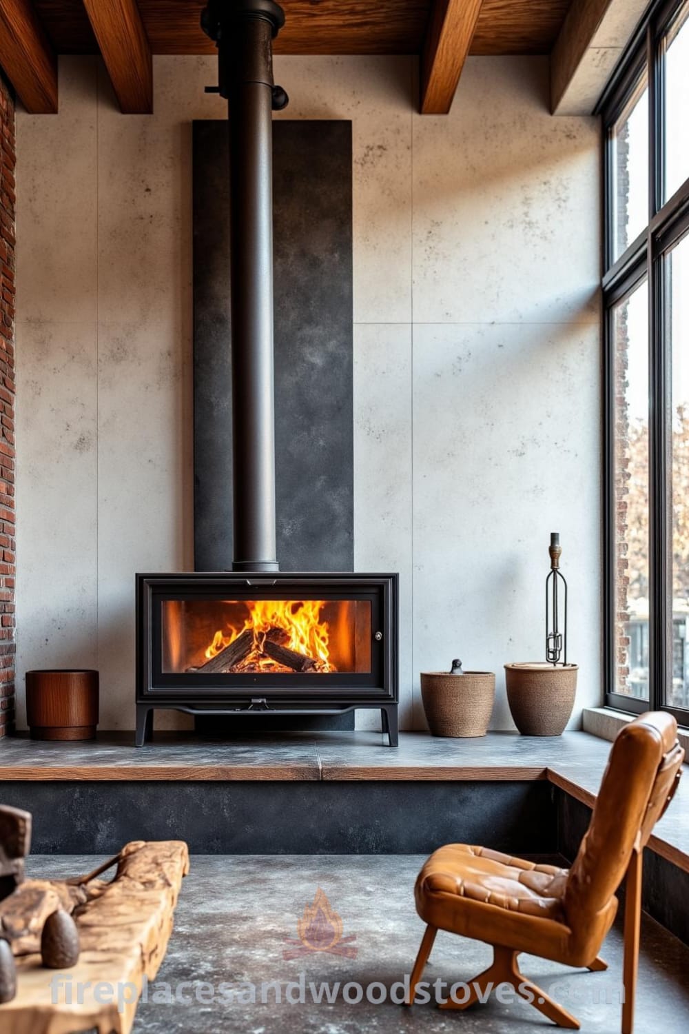 Industrial metal pipe woodstove fireplace in an urban loft, surrounded by exposed brick, wooden beams, mismatched armchairs, and a rustic coffee table, creating a cozy and inviting atmosphere. Discover more cozy ideas and design inspirations at fireplacesandwoodstoves.com.