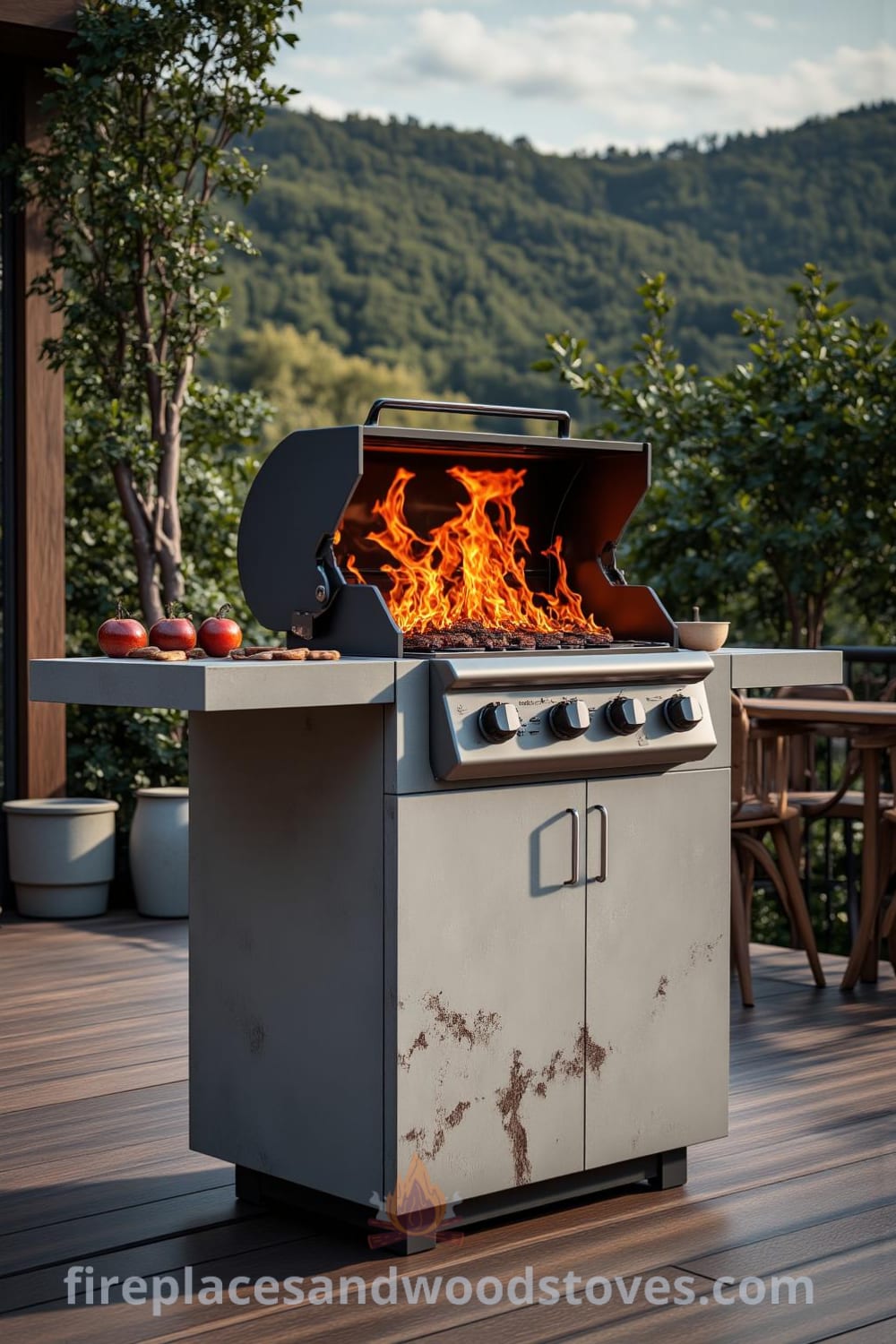 Modern concrete outdoor barbecue on a wooden deck with flames glowing warmly, surrounded by rustic wooden furniture and plants, creating an inviting atmosphere perfect for gatherings, showcasing unique design ideas and cozy inspirations for your home at fireplacesandwoodstoves.com.