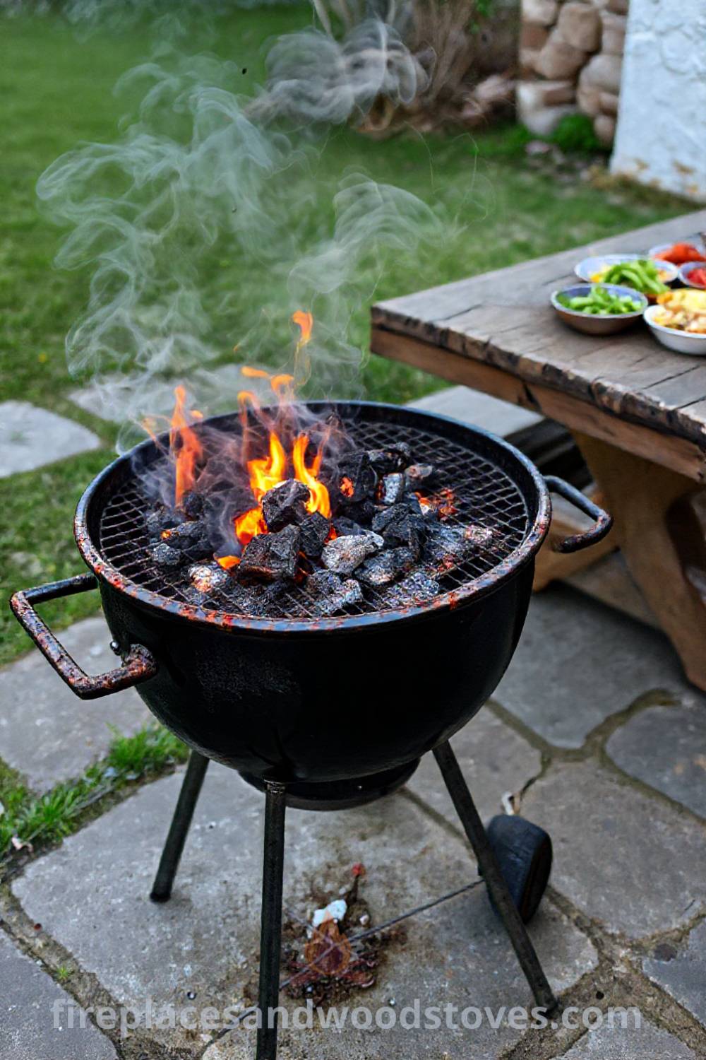 Classic charcoal grill barbecue on a weathered stone patio with flames and smoke, accompanied by a rustic wooden table filled with colorful dishes, creating a cozy outdoor setting for gatherings. Visit patioandhomefurniture.com for incredible ideas that will wow your guests.