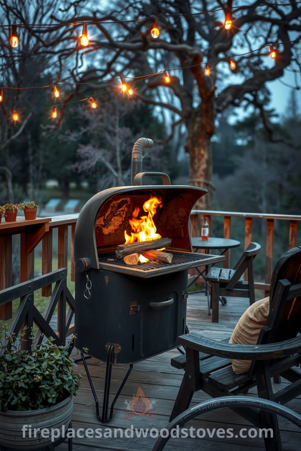 Rugged industrial steel outdoor barbecue on a weathered wooden deck with crackling flames, potted herbs lining the railing, and dim fairy lights, creating a cozy atmosphere for gatherings, perfect for decor ideas and inspirations for your home at fireplacesandwoodstoves.com.