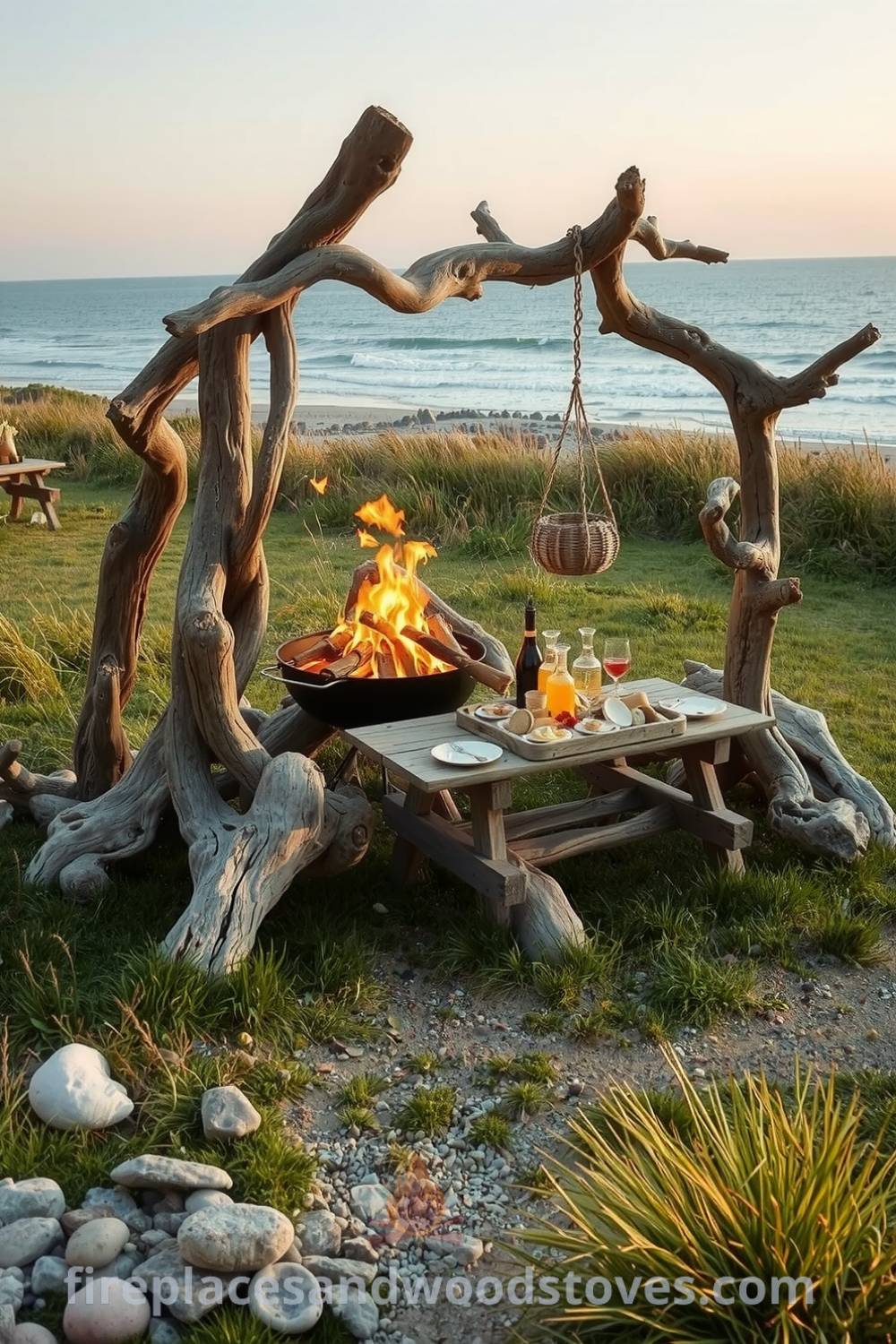 Outdoor barbecue framed by sun-bleached driftwood in a grassy coastal clearing, with flames illuminating fresh seafood on picnic tables, surrounded by smooth pebbles and tufts of wild grass, creating a cozy and inviting atmosphere perfect for gatherings, offering unique design ideas for your home at fireplacesandwoodstoves.com.