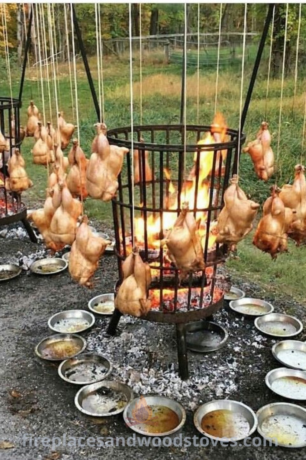 Chickens cooking over a fire in cages at a wedding BBQ, showcasing outdoor cooking fireplace ideas and catering options like Nyama Choma. Perfect for those seeking delicious barbecue ideas that will inspire and create incredible memories. Discover more at patioandhomefurniture.com.