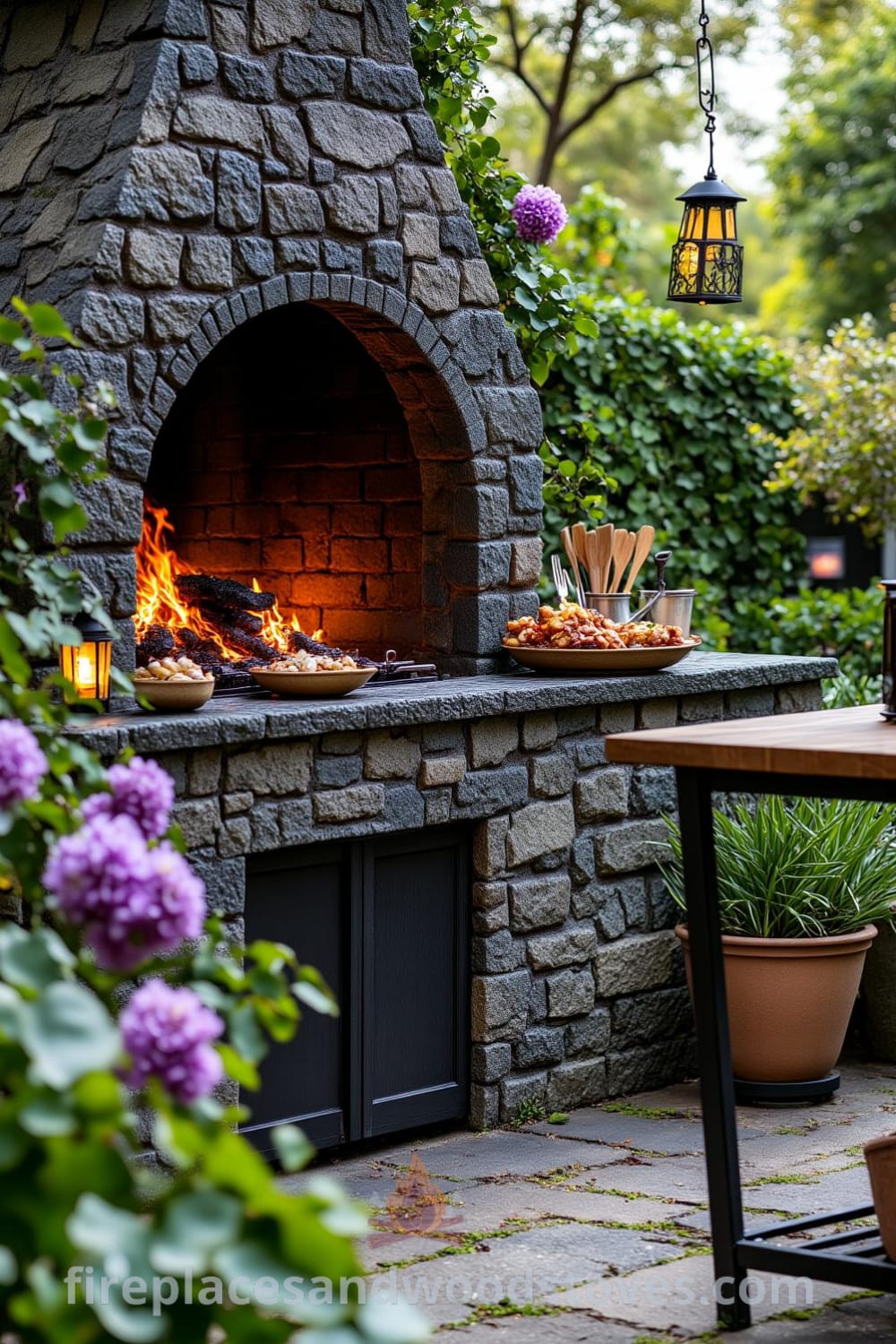 Gothic stone outdoor barbecue in an overgrown garden, featuring dark weathered stones, flickering flames, and a rustic wooden table adorned with utensils, providing cozy ideas for outdoor dining and decor inspirations available at fireplacesandwoodstoves.com.