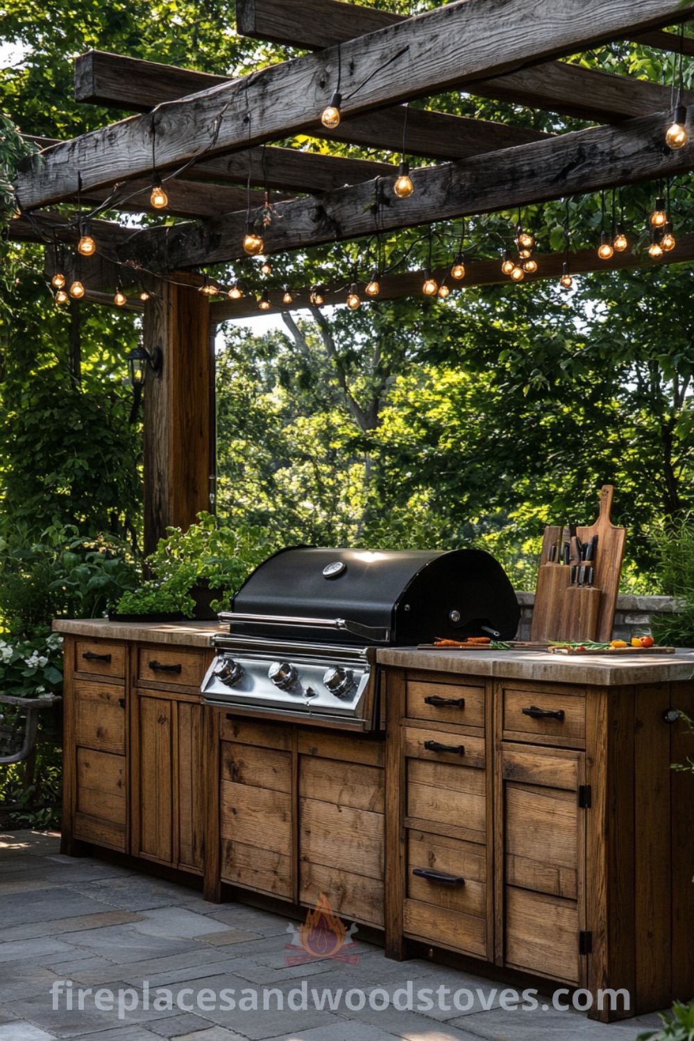Backyard kitchen with grill station on fireplacesandwoodstoves.com, featuring outdoor cooking area, cozy decor ideas, and rustic design inspirations for your covered patio.
