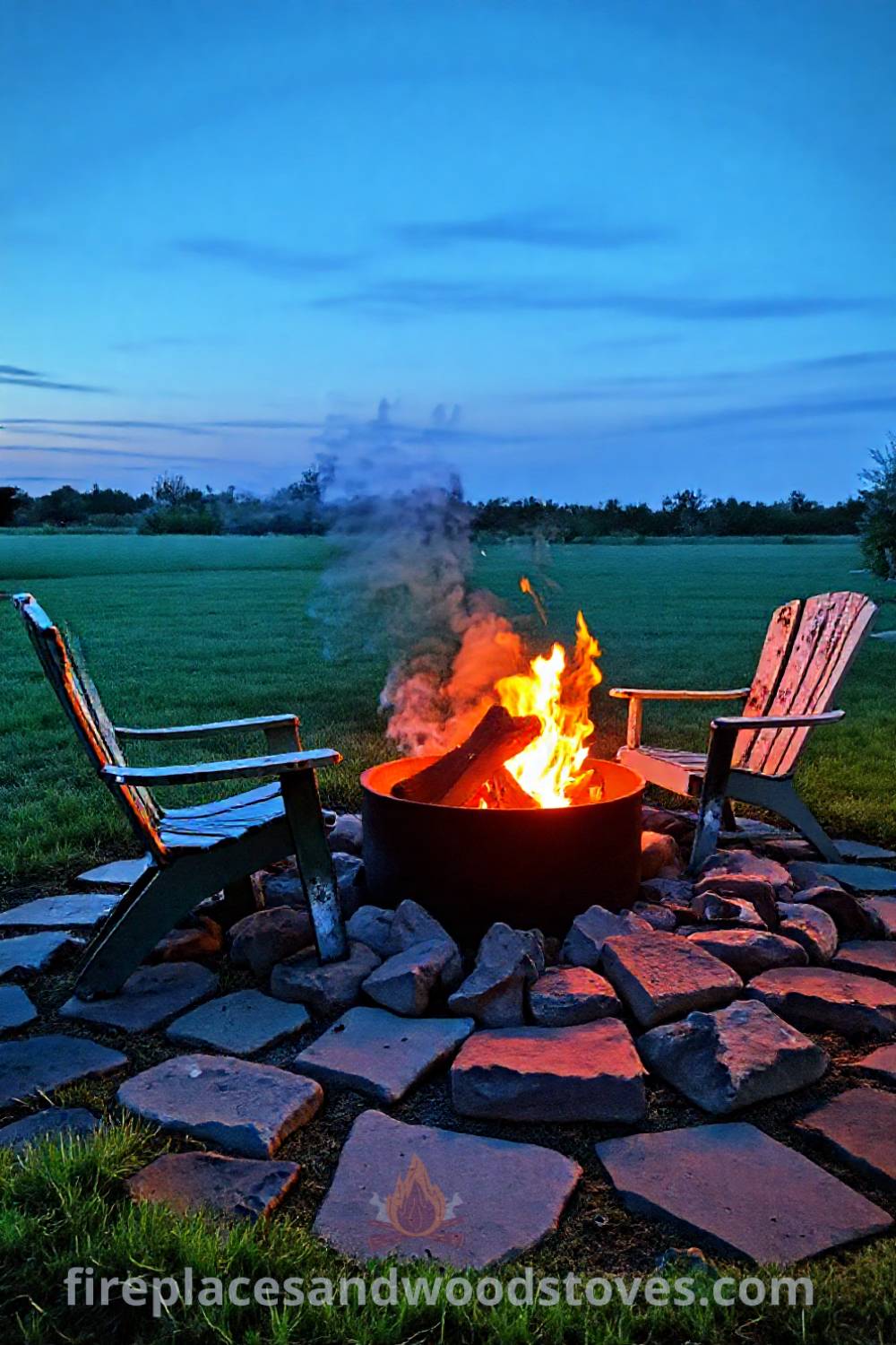 Sturdy charcoal fire pit nestled among flagstones with mismatched chairs, creating a cozy outdoor gathering space, perfect for sharing stories by the fire under the dusky sky. Visit patioandhomefurniture.com for stylish outdoor design inspiration.