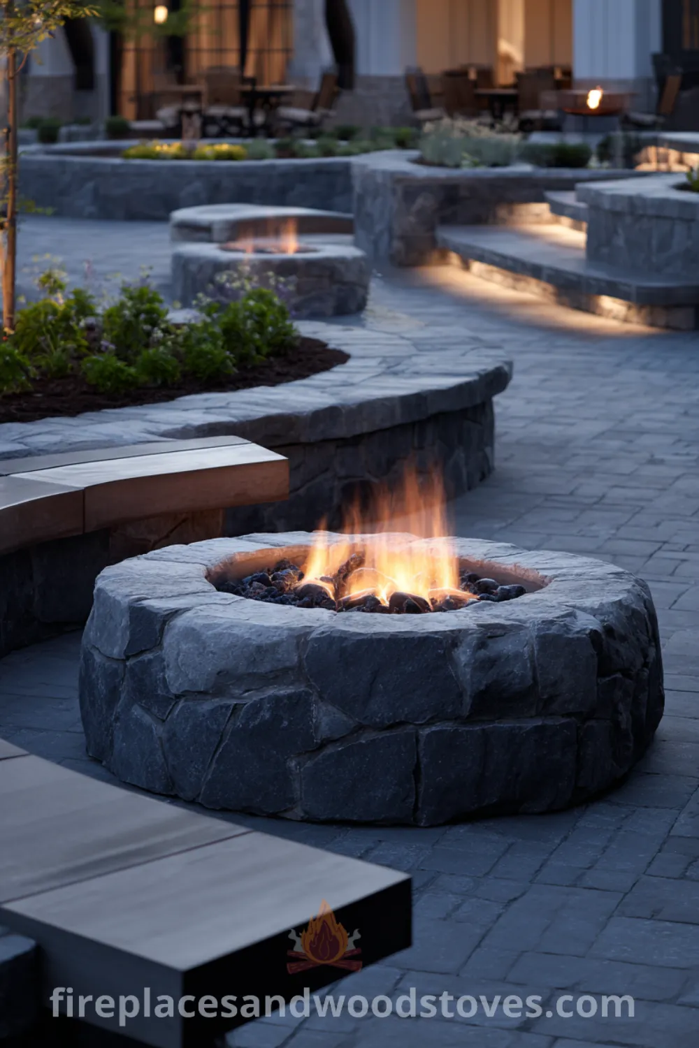 Modern fire pit with smooth stone benches, cozy seating, and a serene atmosphere in a contemporary outdoor living space.