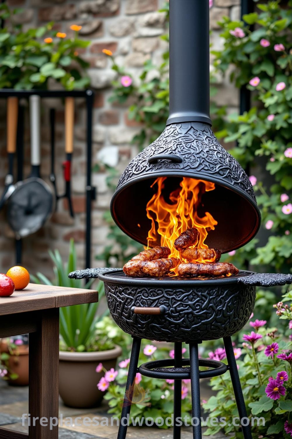 Wrought iron barbecue on a stone patio surrounded by lush greenery and wildflowers, with flickering flames and grilling tools nearby, offering cozy ideas and design inspirations for your home. Visit fireplacesandwoodstoves.com for more unique ideas.