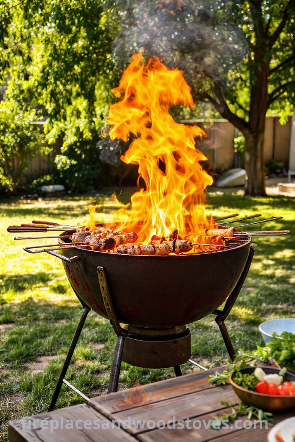 Turkish mangal barbecue in a sun-drenched backyard with charred skewers, vibrant dishes, and greenery creating a cozy and inviting atmosphere for outdoor gatherings. Visit patioandhomefurniture.com for stylish ideas transforming your backyard.