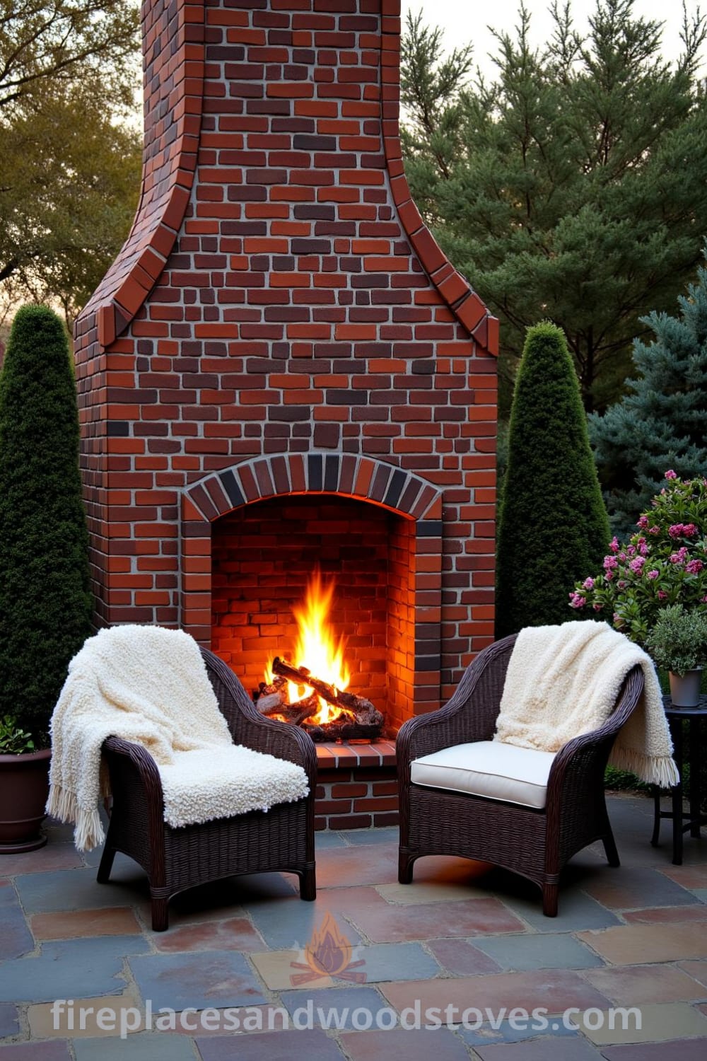 Tudor brick outside fireplace on a charming stone patio, showcasing warm flickering flames and inviting wicker chairs with throw blankets, perfect for cozy gatherings, offering unique ideas for home decor at fireplacesandwoodstoves.com.
