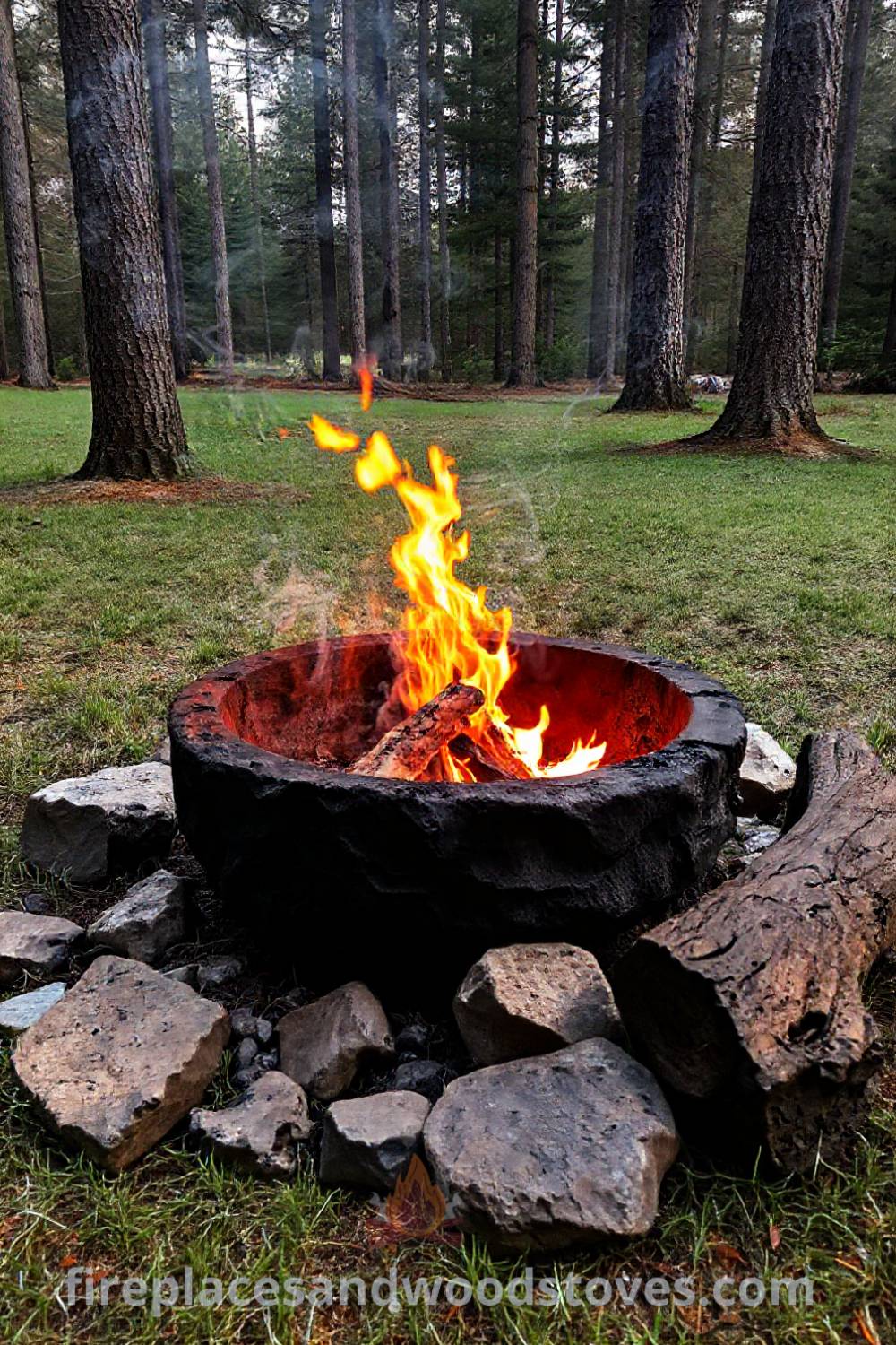 Cozy camping fire pit in a grassy clearing surrounded by wooded backyard, featuring bright orange flames, smooth stones, and log seating for friends, creating a warm atmosphere. Visit patioandhomefurniture.com for stylish outdoor design ideas transforming your backyard.