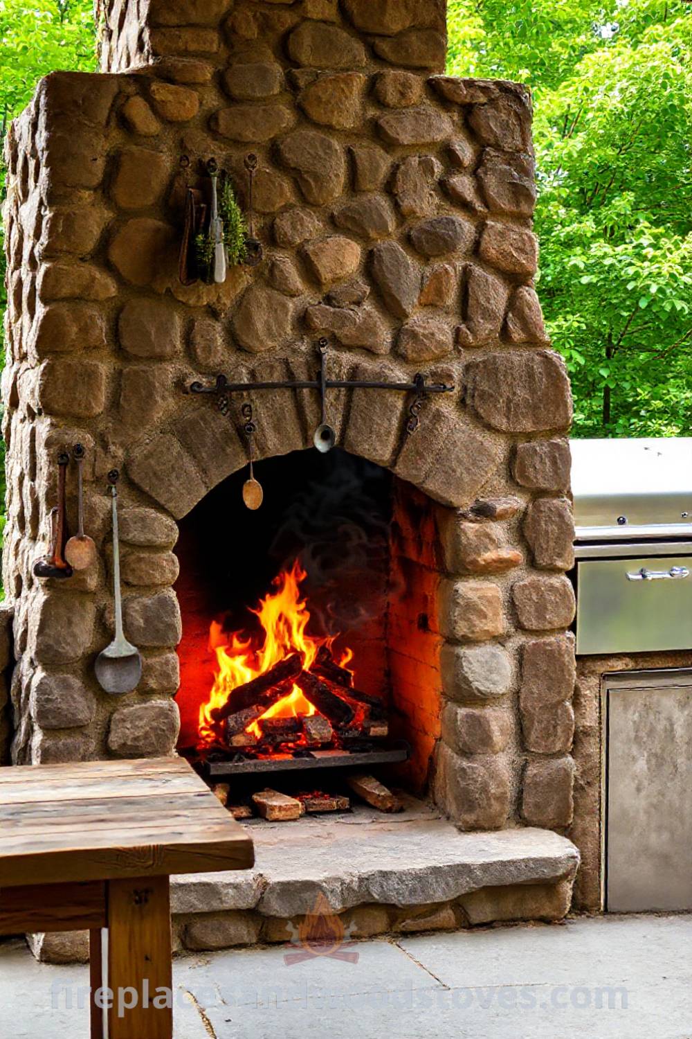 Cozy outdoor kitchen with a wood-burning fireplace, rustic stone facade, and warm ambiance, perfect for outdoor gatherings and culinary adventures. Visit patioandhomefurniture.com for incredible ideas transforming your backyard into a stylish haven.