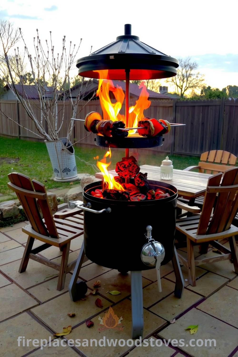 A sturdy rotisserie barbecue on a stone patio with charred vegetables and juicy meats, surrounded by mismatched wooden chairs and a reclaimed table, creating a cozy outdoor atmosphere. Inspiring decor ideas for your home at fireplacesandwoodstoves.com.