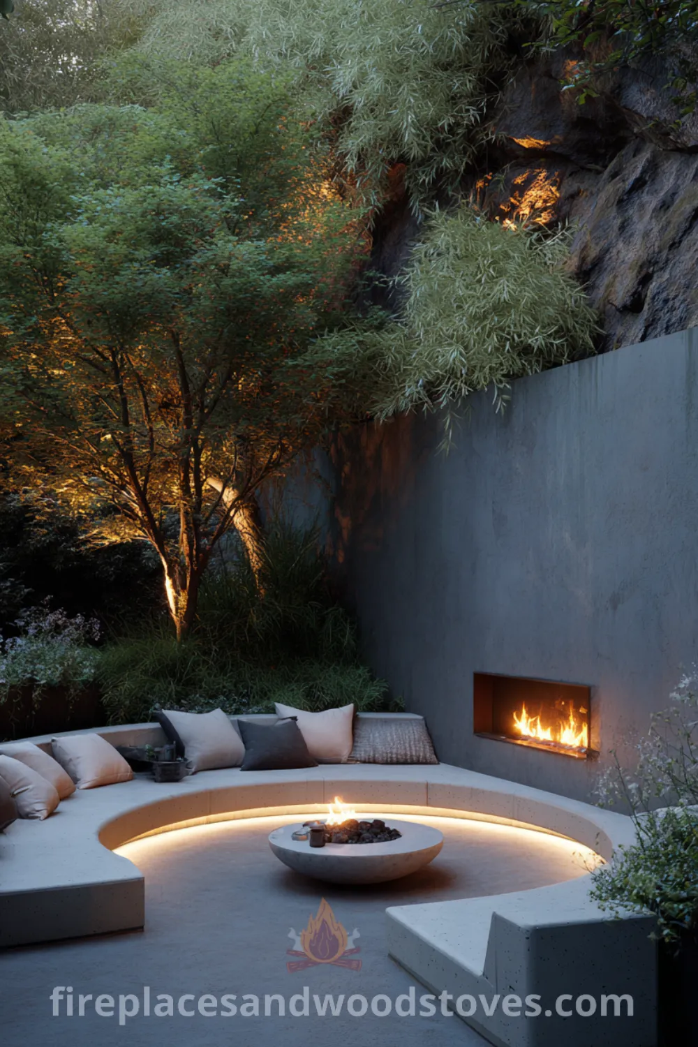 Intimate outdoor nook with a modern minimalist outdoor fireplace, cozy concrete seating, and soft ambient lighting surrounded by lush greenery.