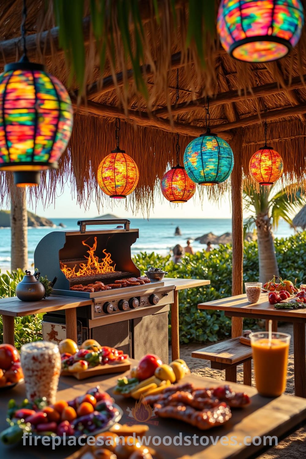 Tropical tiki outdoor barbecue under a palm-thatched roof with colorful lanterns, wooden picnic tables filled with fresh ingredients, and a cozy atmosphere enhanced by warm flames, creating inspiring decor ideas and experiences on fireplacesandwoodstoves.com.