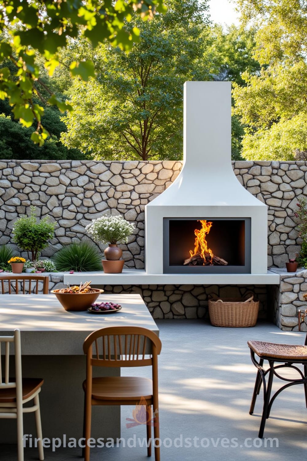 Modern concrete outdoor barbecue in a sunlit backyard, contrasting sleek lines with natural garden chaos, featuring a warm fire, inviting mismatched chairs, blooming flowers, and creating a cozy atmosphere. For more inspiring ideas, visit fireplacesandwoodstoves.com.