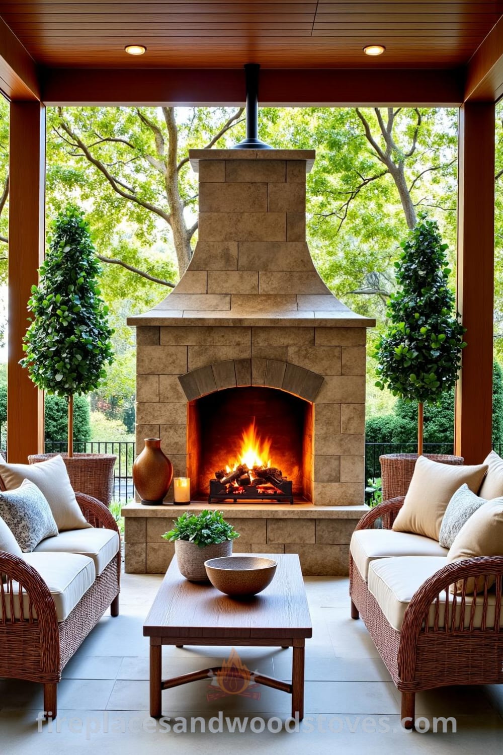 Cozy outdoor fireplace integrated into a pergola on a shaded patio, featuring rustic stonework, flickering flames, plush outdoor cushions, and woven furniture, creating a tranquil retreat for gatherings, showcasing inspiring decor ideas at fireplacesandwoodstoves.com.