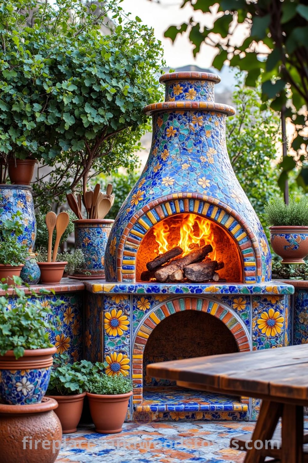 Colorful Mediterranean tile outdoor barbecues nestled among herbs and greenery on a patio, with a warm fire crackling, creating a cozy atmosphere ideal for outdoor gatherings. Ideal for design ideas and decor inspirations for your home, as seen on fireplacesandwoodstoves.com.