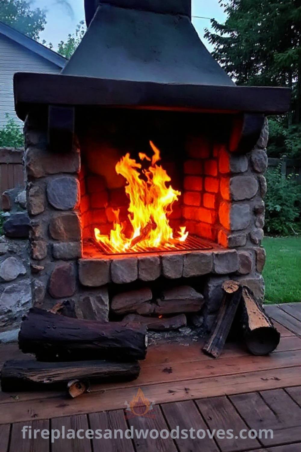 Rustic fireplace BBQ in the backyard with stonework and wooden deck, flames creating a cozy atmosphere, ideal for gatherings and outdoor dining. Visit patioandhomefurniture.com for stylish outdoor design ideas that will wow your guests.