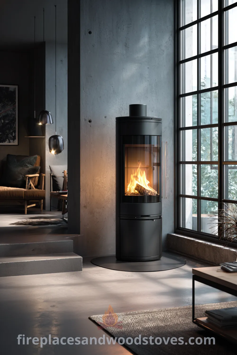 Sleek wood stove in open plan space on concrete floor, featuring industrial Scandinavian fireplace and minimalist interior design.