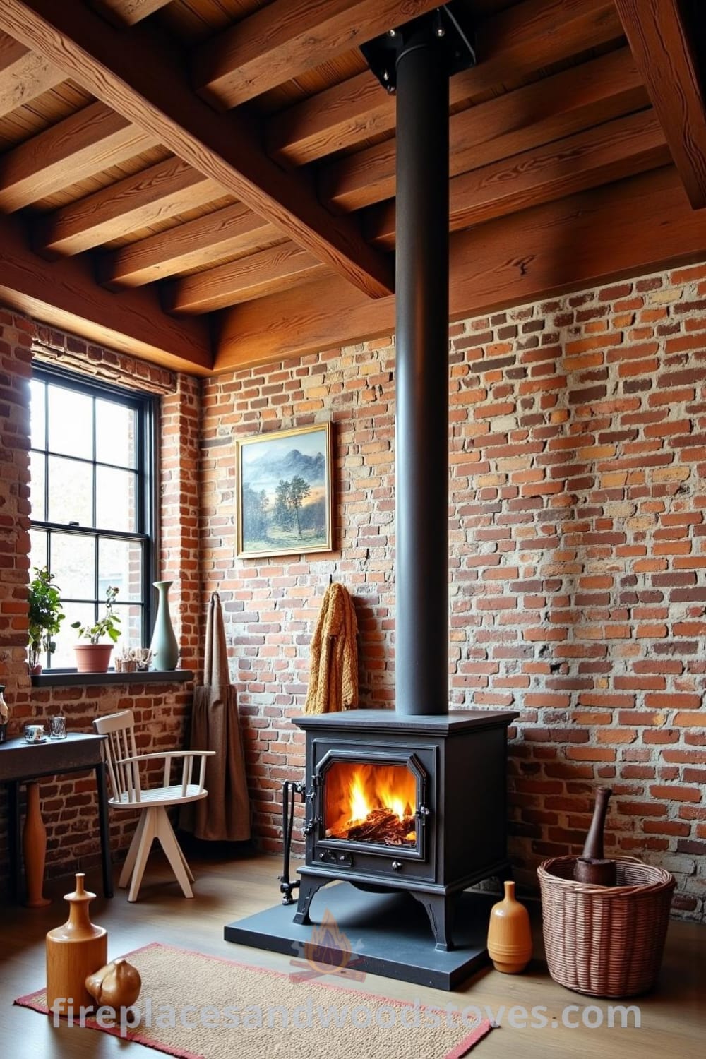 Industrial metal pipe woodstove fireplace in an urban loft with exposed brick walls, warm flames, rustic wooden beams, and vintage decor, creating a cozy atmosphere filled with inspiring design ideas for your home; visit fireplacesandwoodstoves.com.